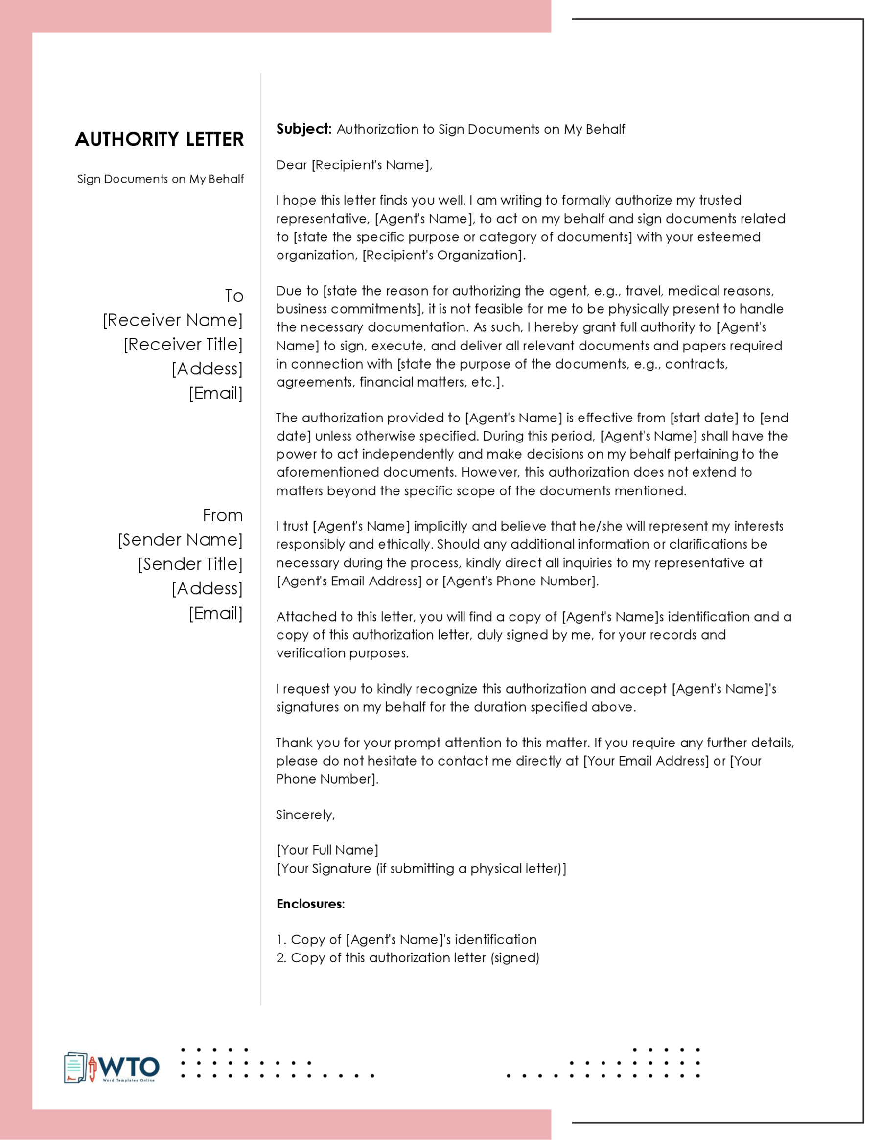 Letter to Sign Documents on My Behalf Template in ms word