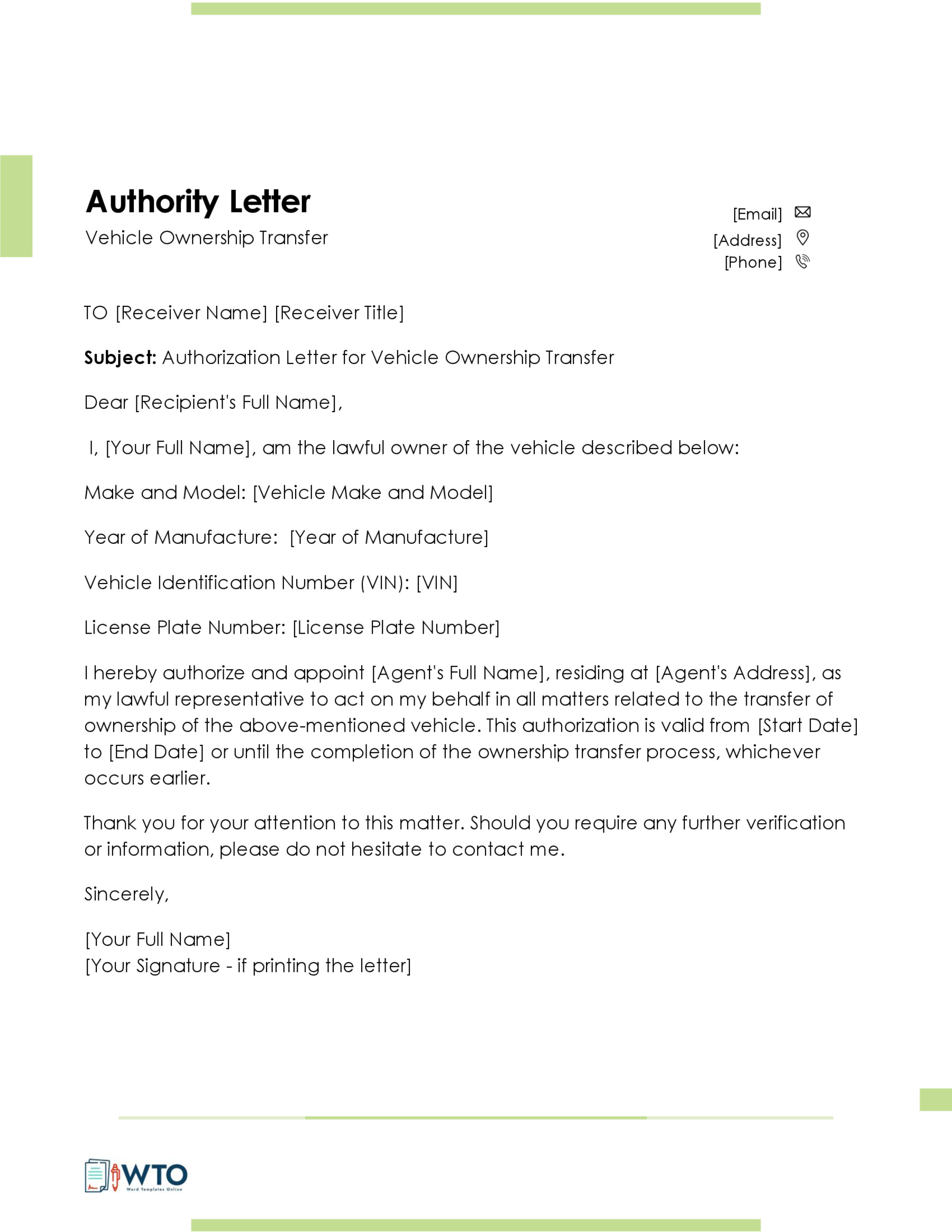 Letter to Transfer Ownership of a Vehicle Template in ms word free download