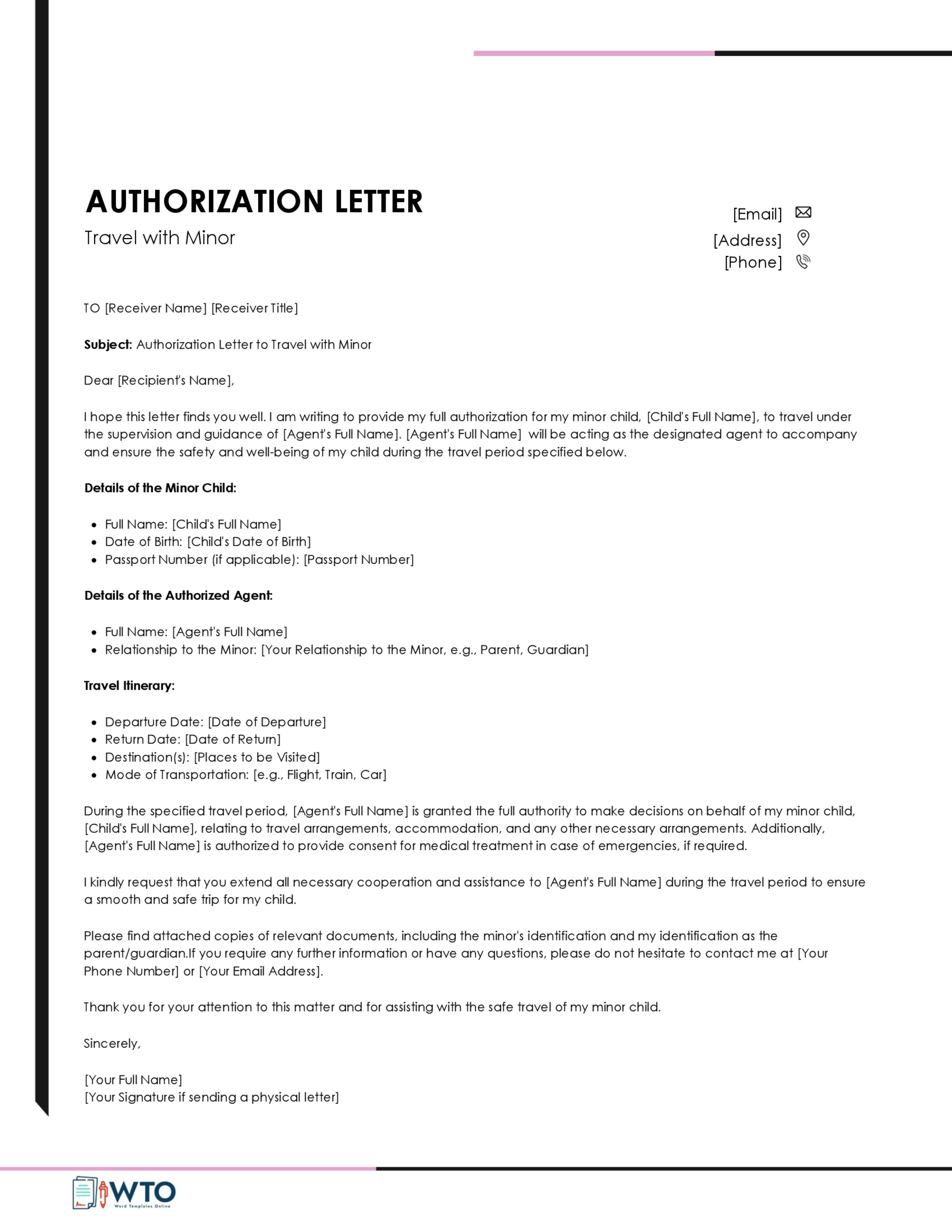 Letter to Travel with a Minor Template in word format free download