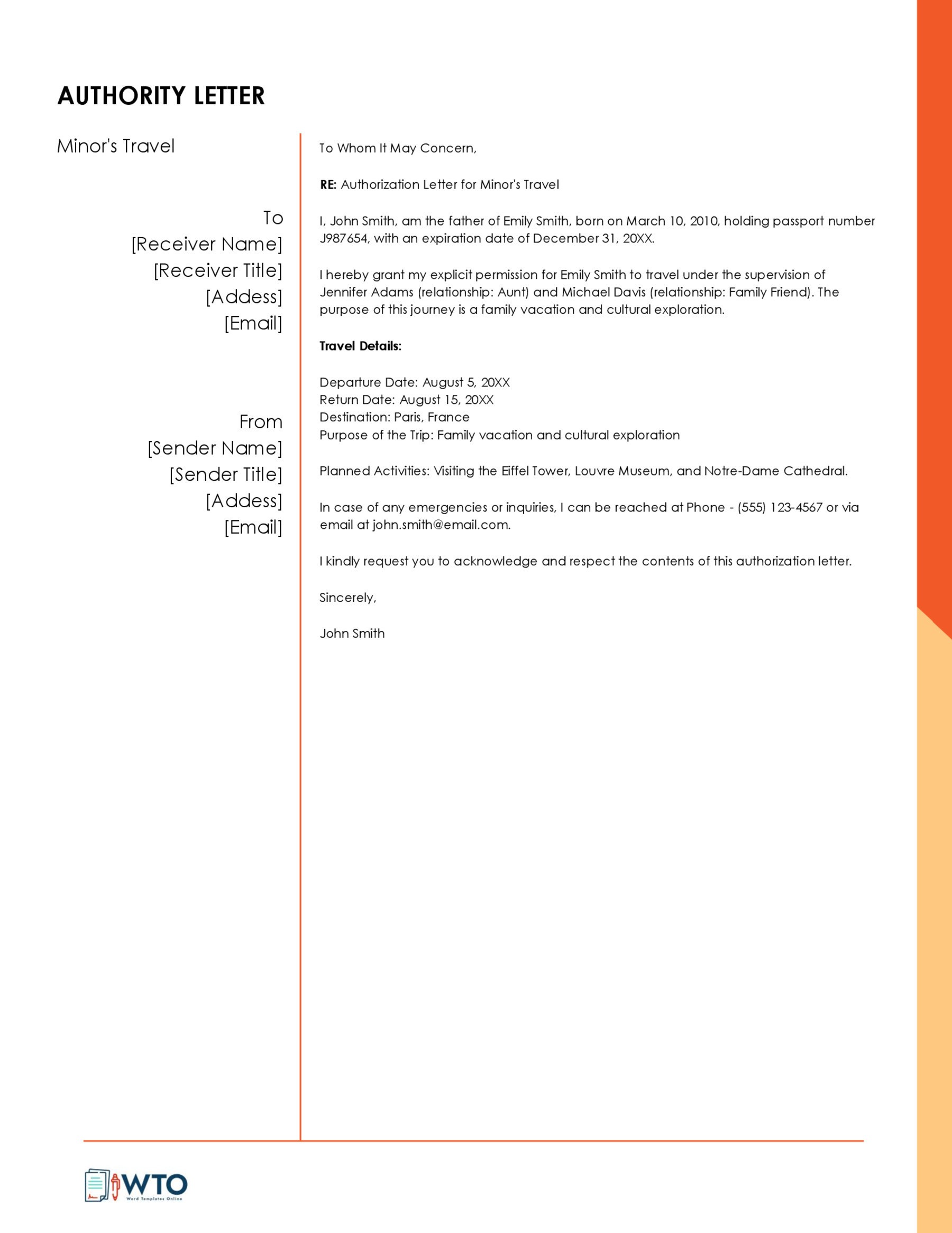 Free download Minor to Travel Letter Sample