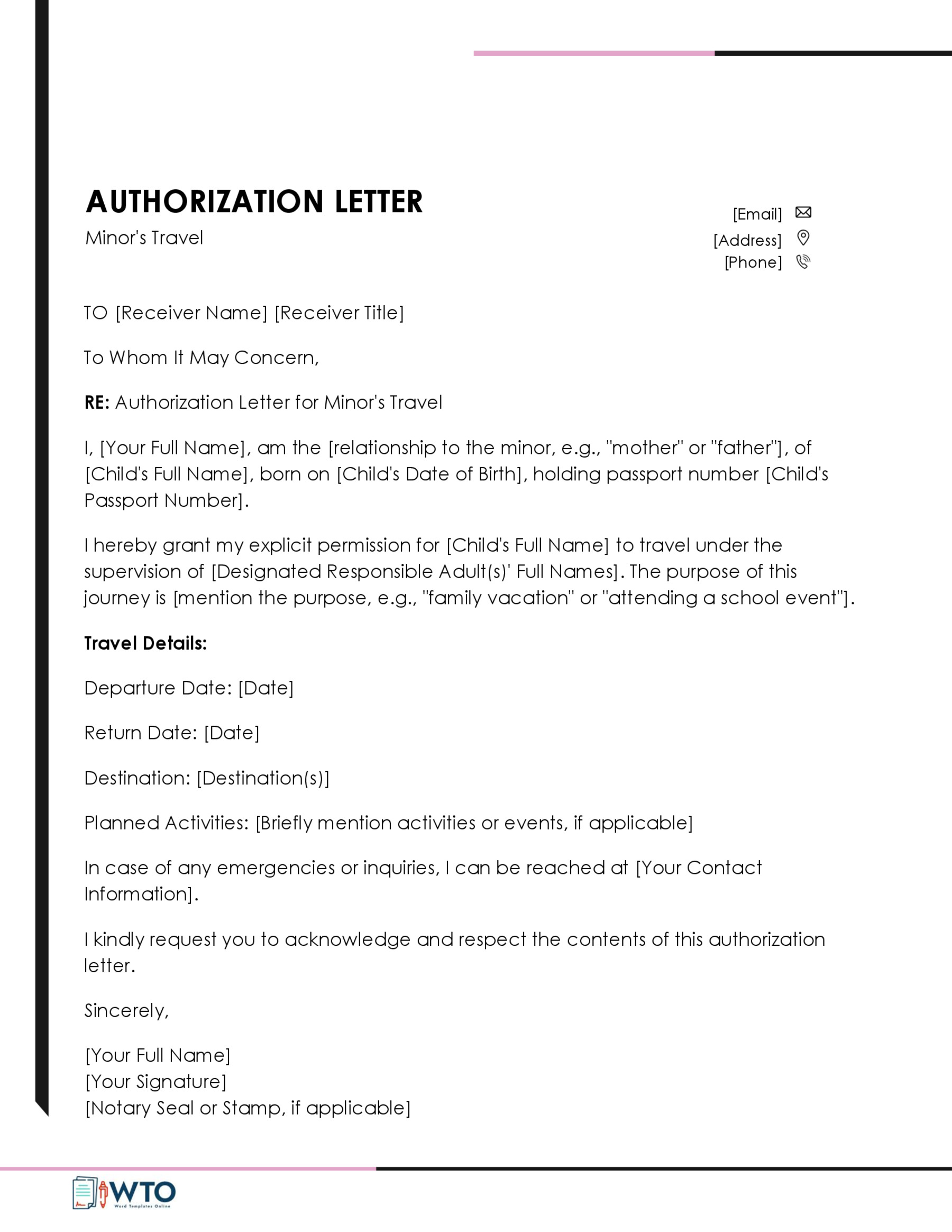 Authorization Letter for Minor to Travel Template 02 - Downloadable - Word