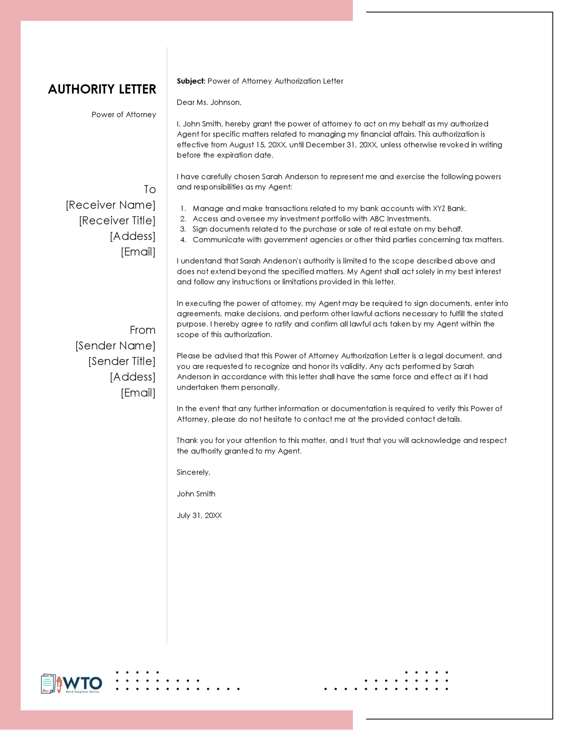 Power of Attorney Letter Sample in ms word free download