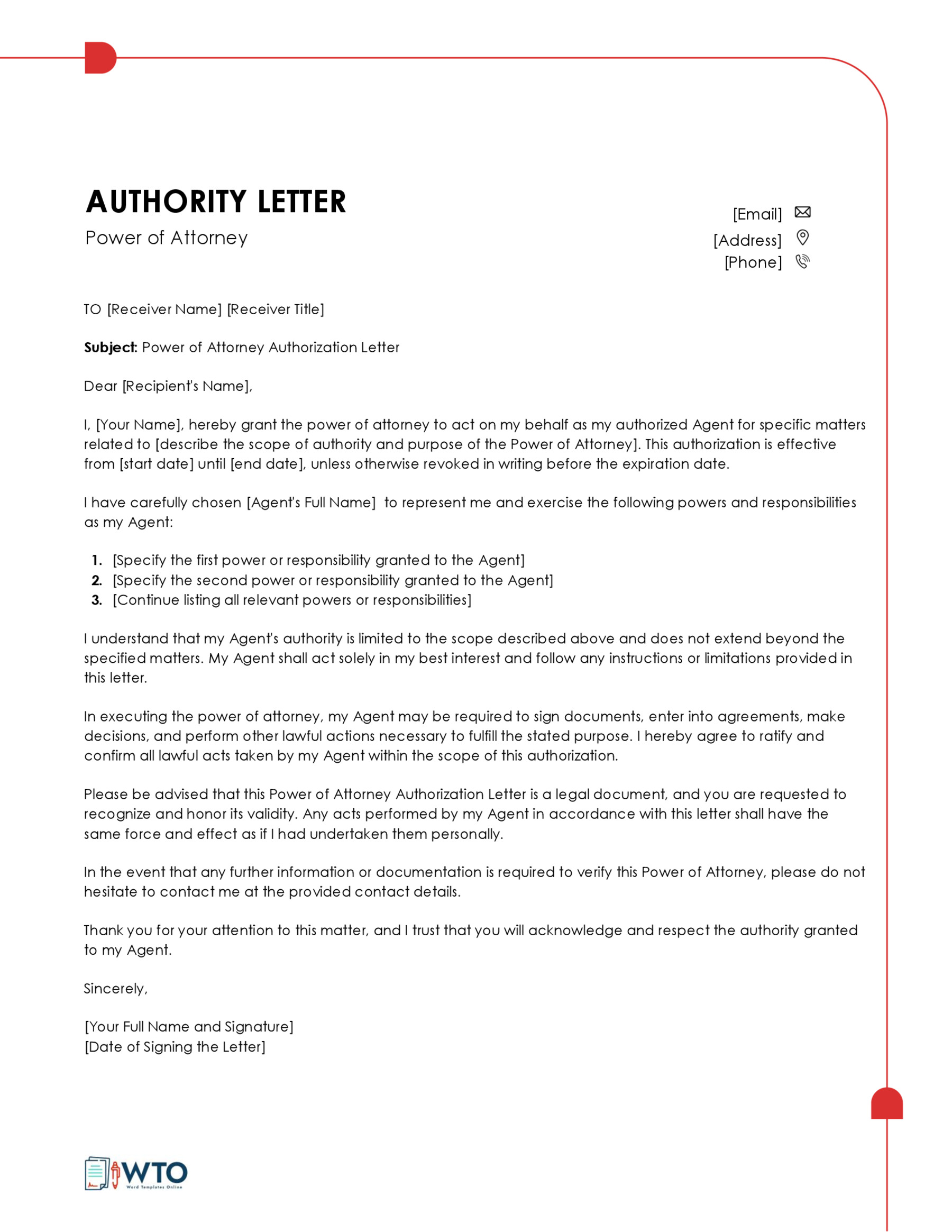 Power of Attorney Letter Sample Free download in ms word