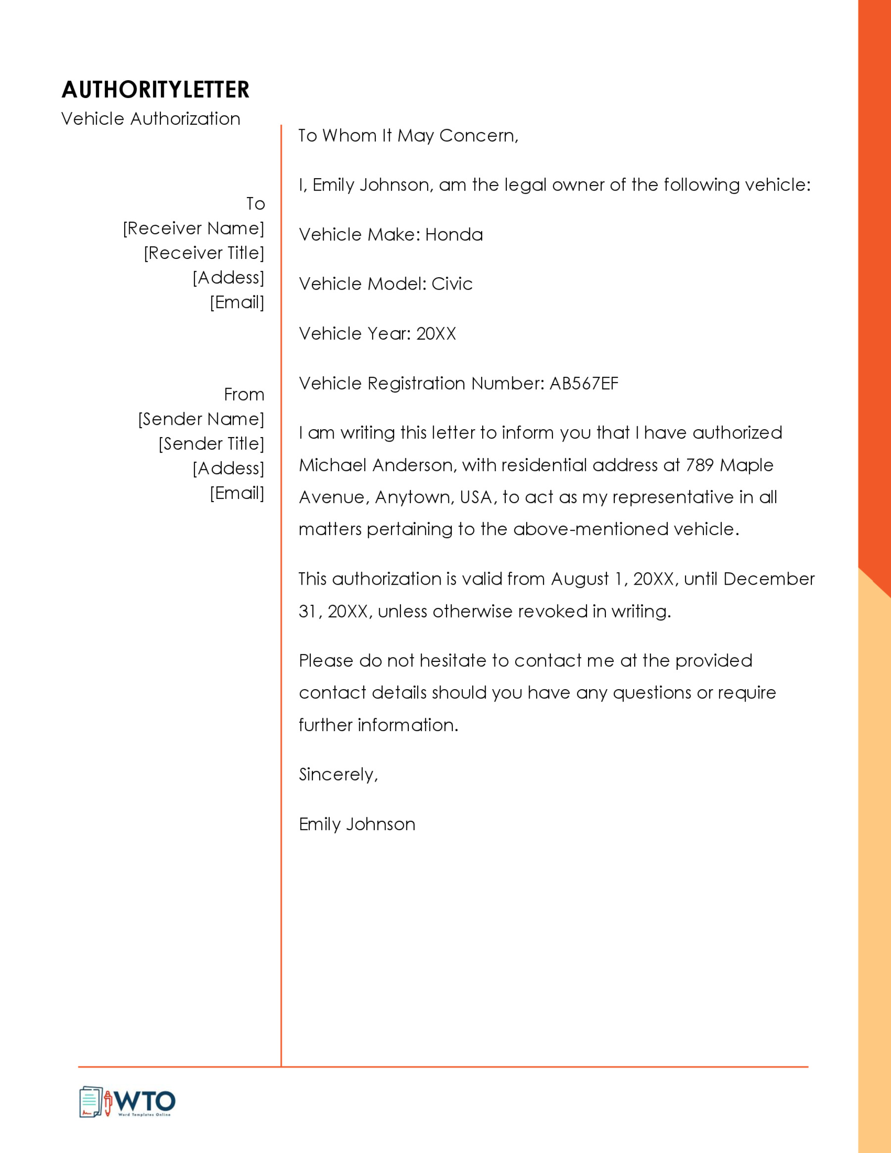 Vehicle Authorization Letter Sample Free download