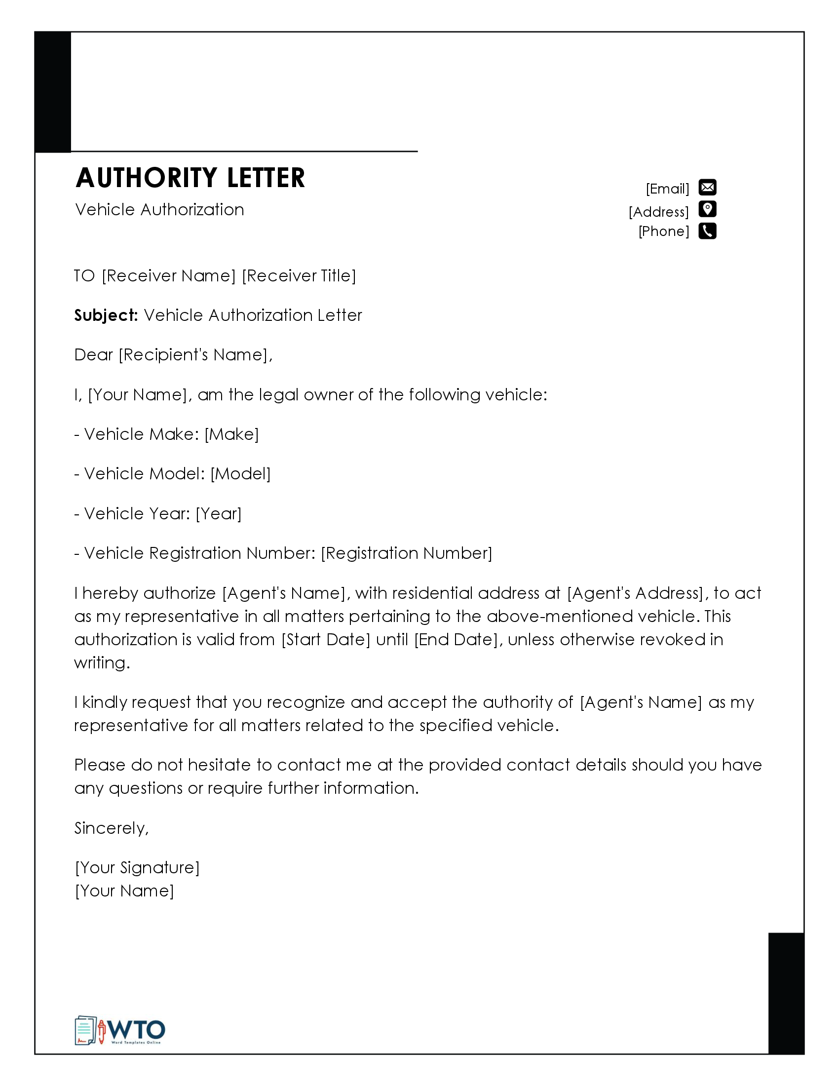 Vehicle Authorization Letter Template in ms word