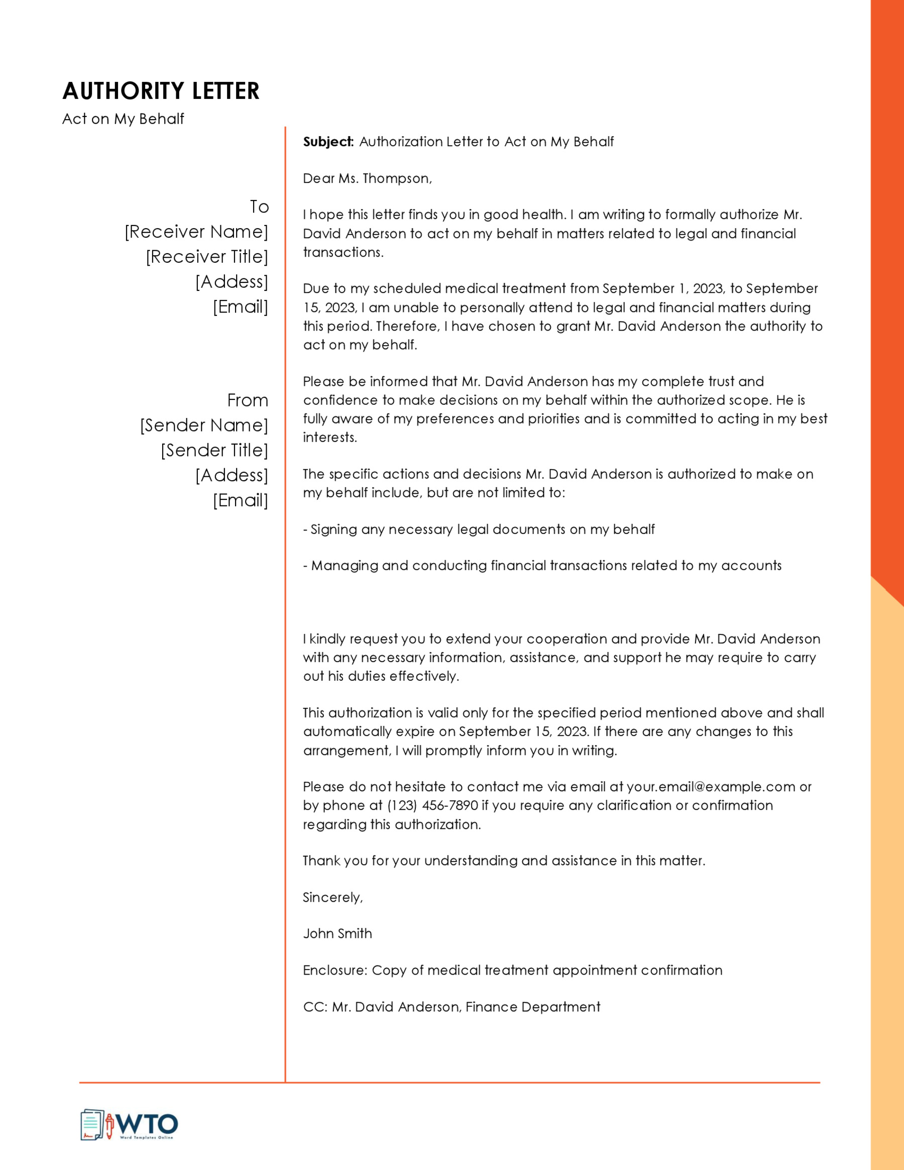 Authorization Letter to Act on My Behalf - Editable - Word