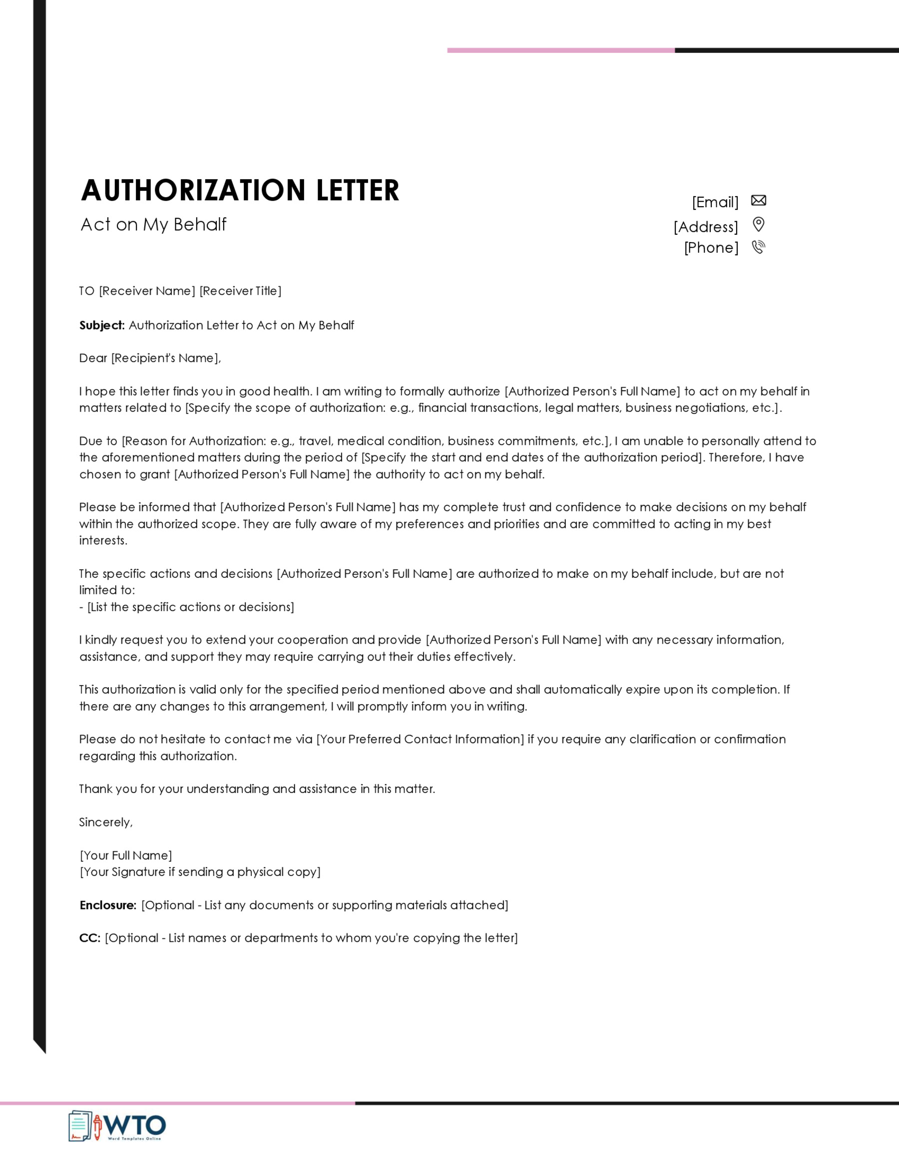 Authorization Letter to Act on Behalf Template in word format