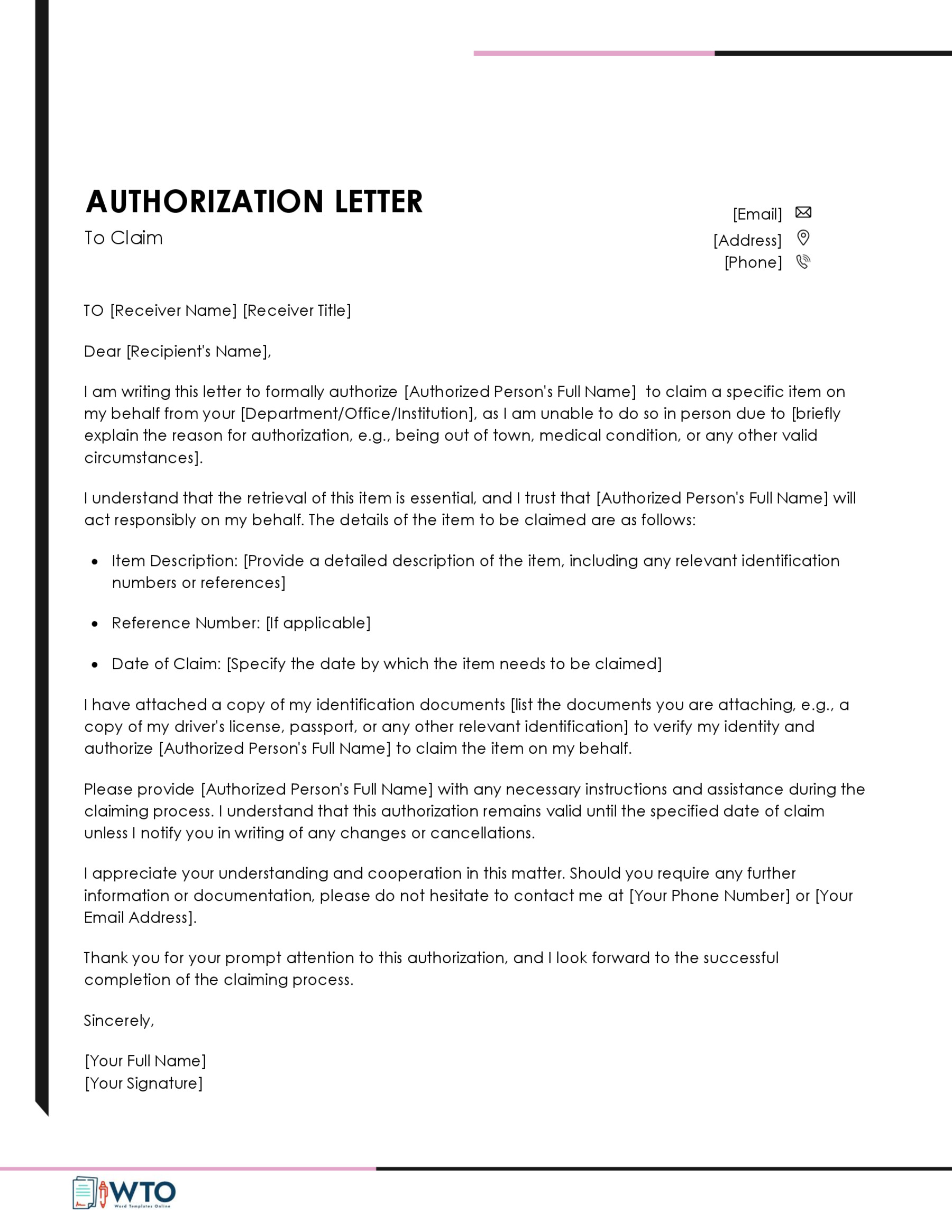 Authorization Letter to Claim Template in ms word free download
