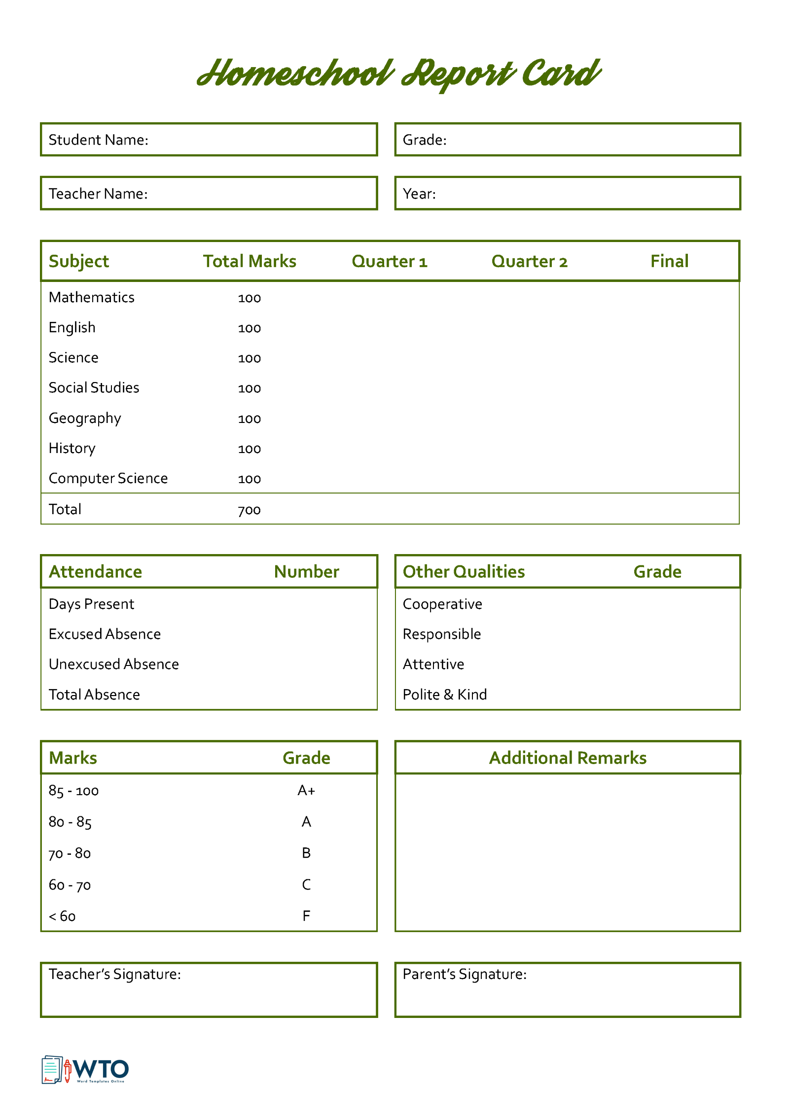 Free Homeschool Report Card Format and Sample