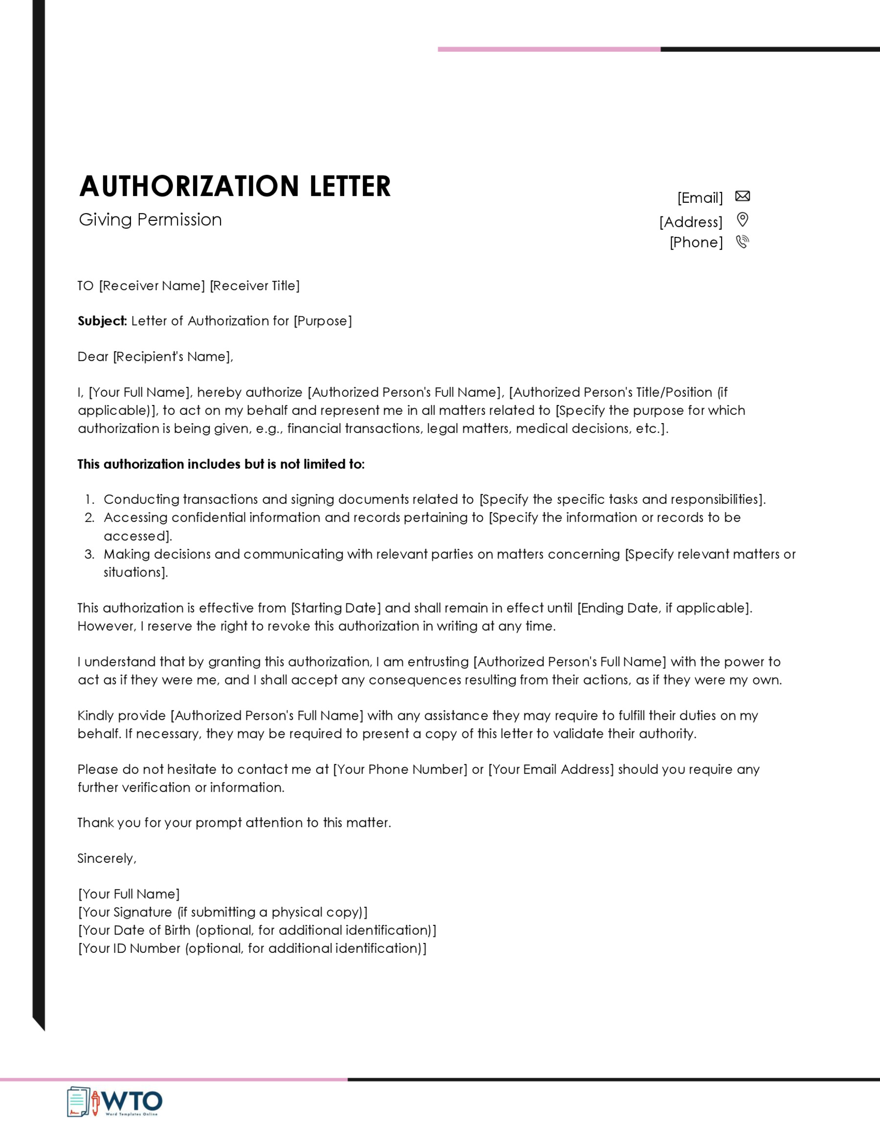Letter of Authorization Giving Permission Template in word format