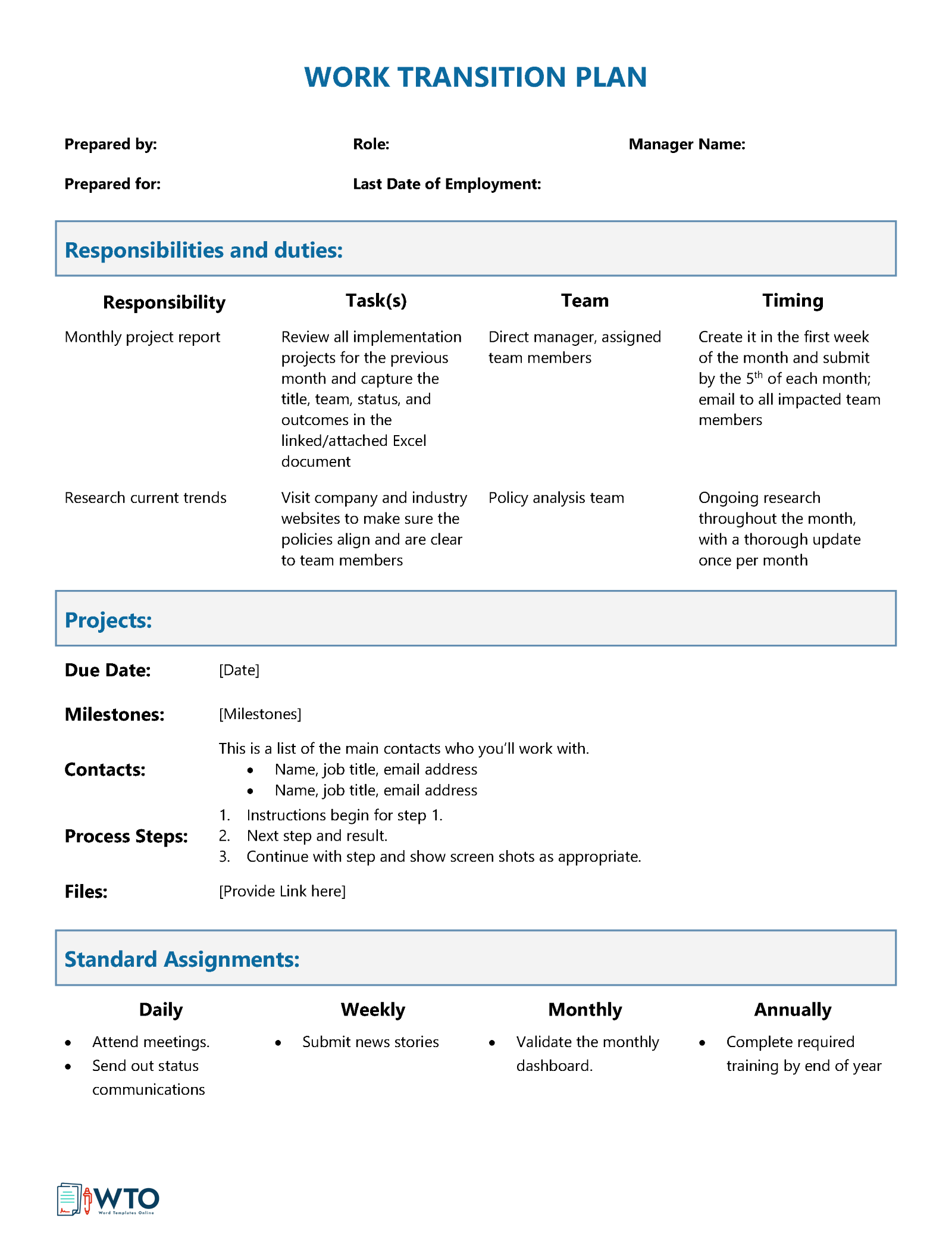 Work Transition Plan Template Format