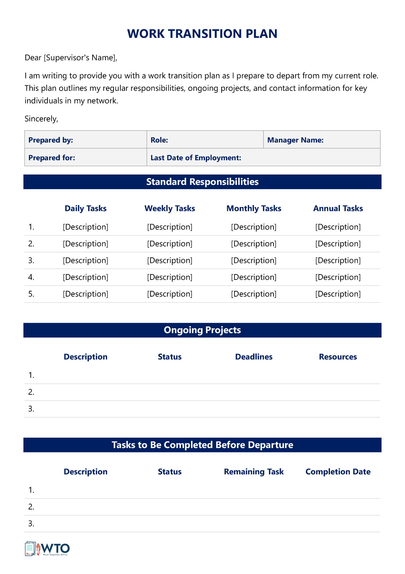 Work Transition Plan Template for Job Changes