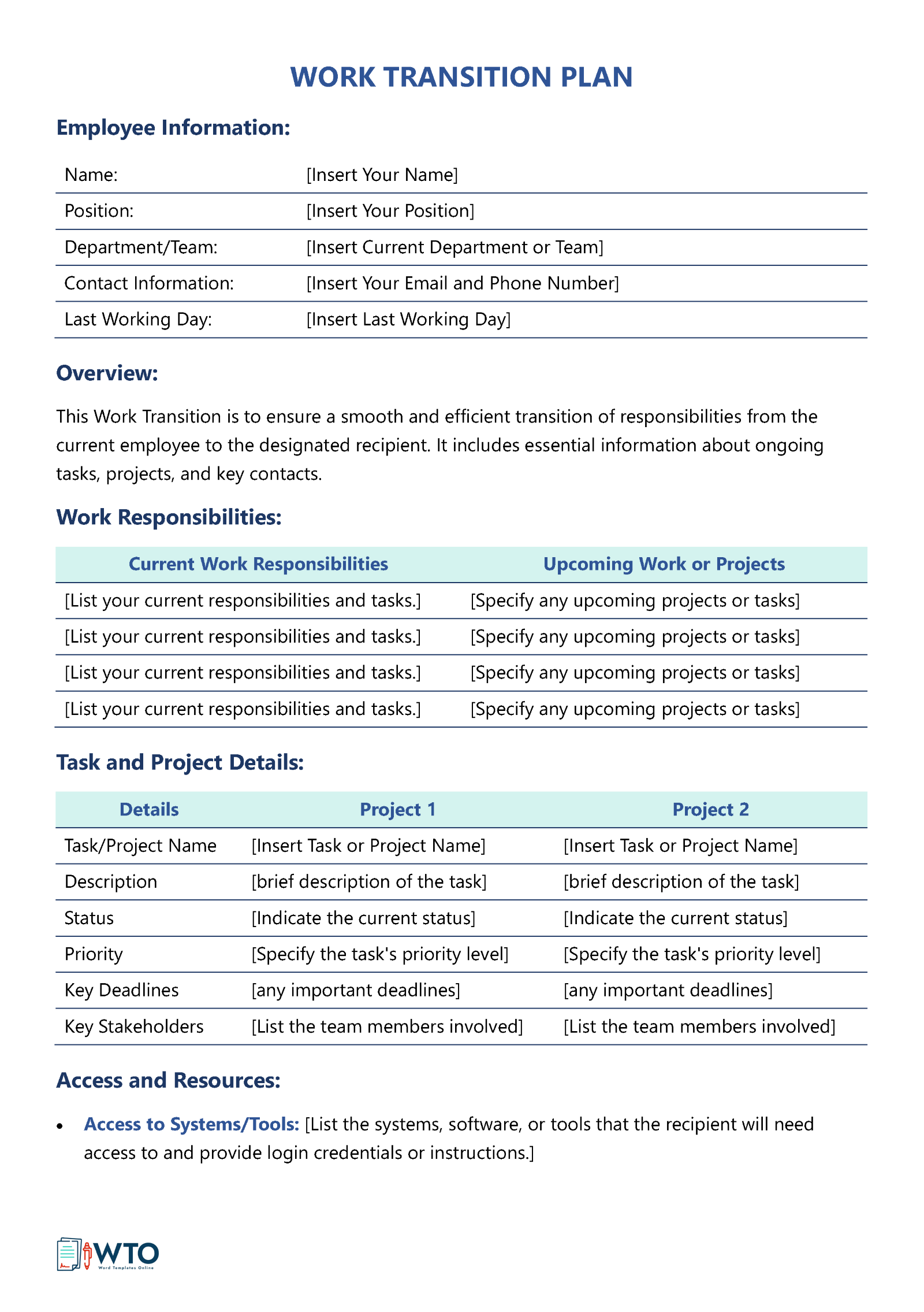 Free Work Transition Plan Template for HR Professionals