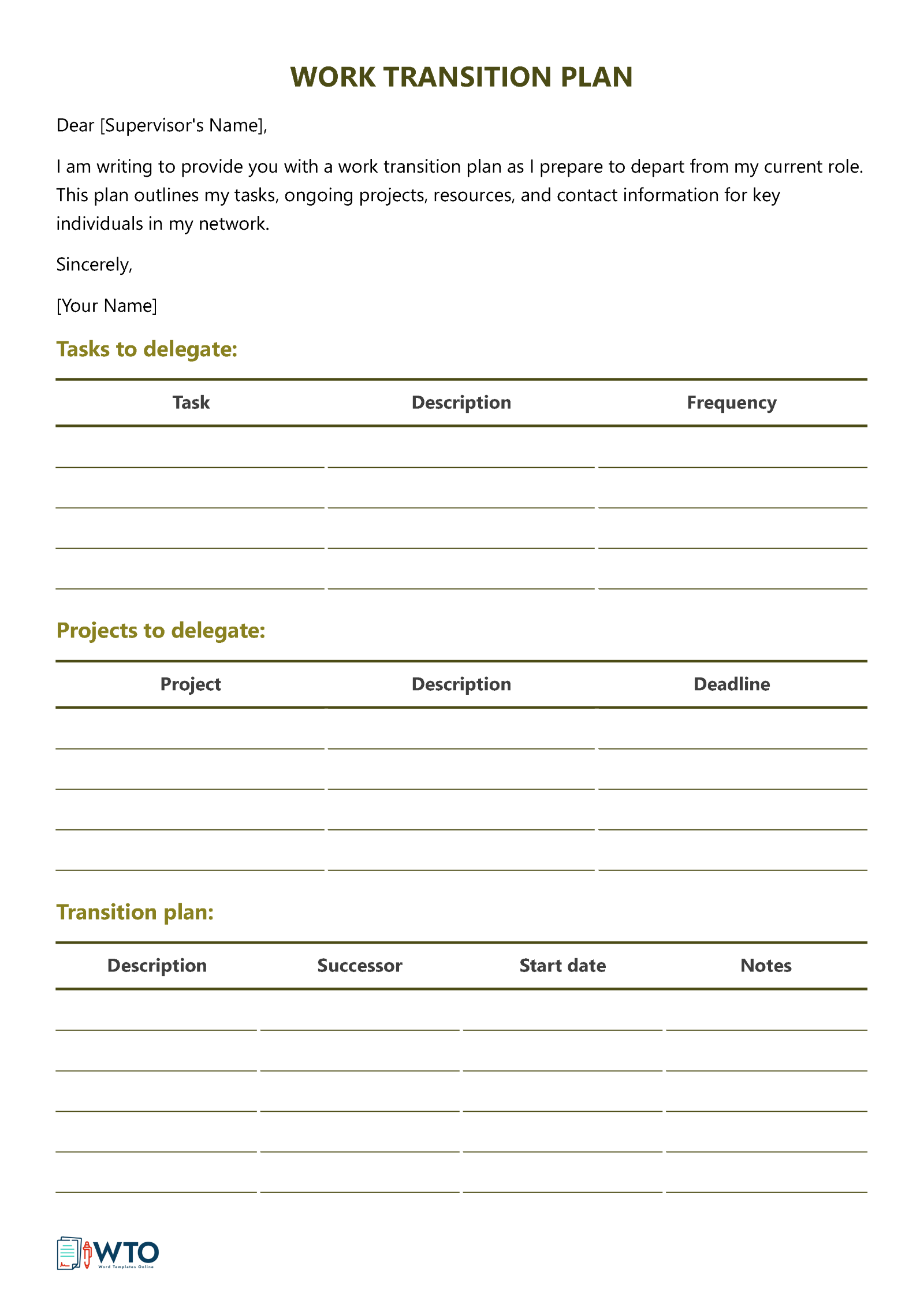 Editable Work Transition Plan for Successful Career Moves