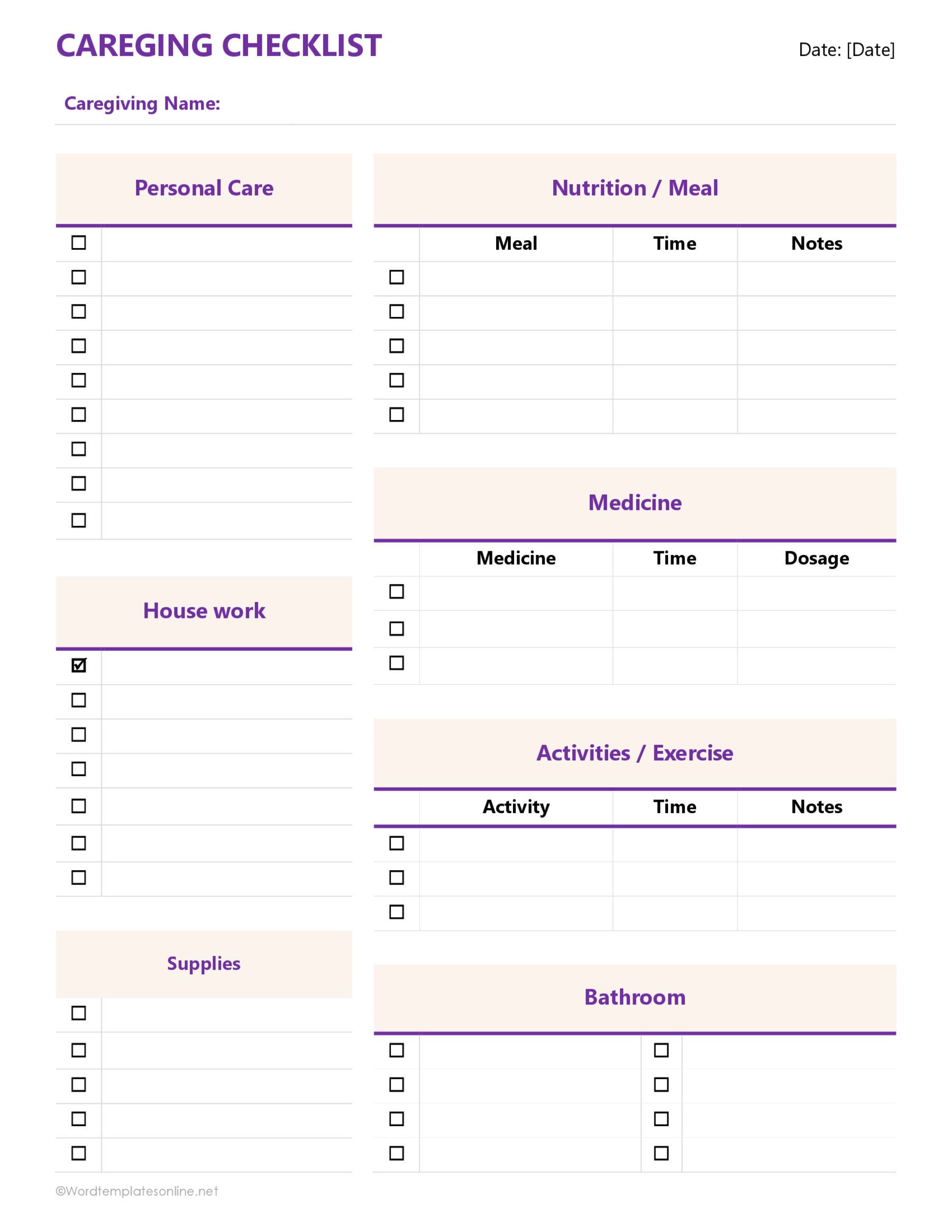 Sample Caregiver Schedule Format