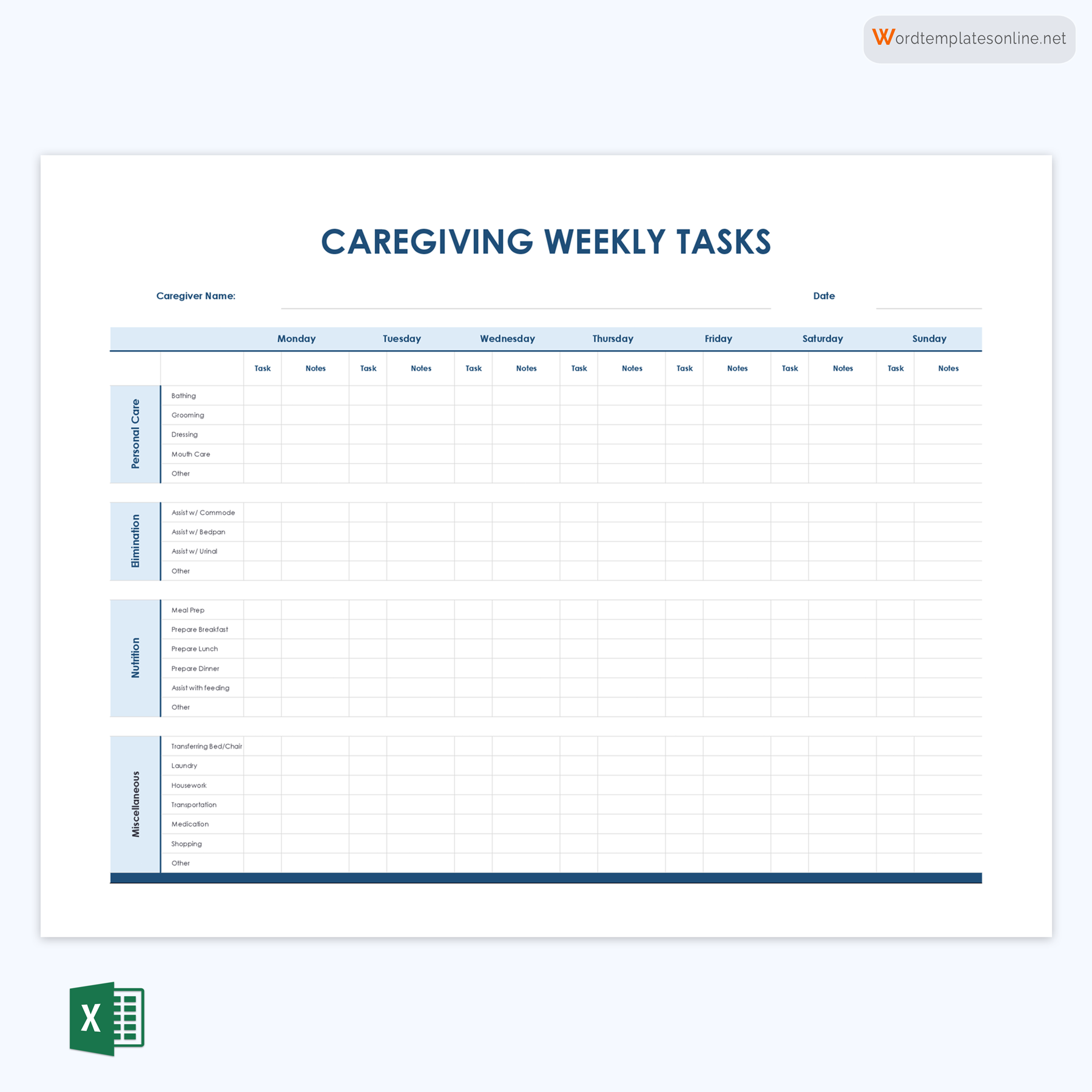 Editable Caregiver Schedule Template in Excel