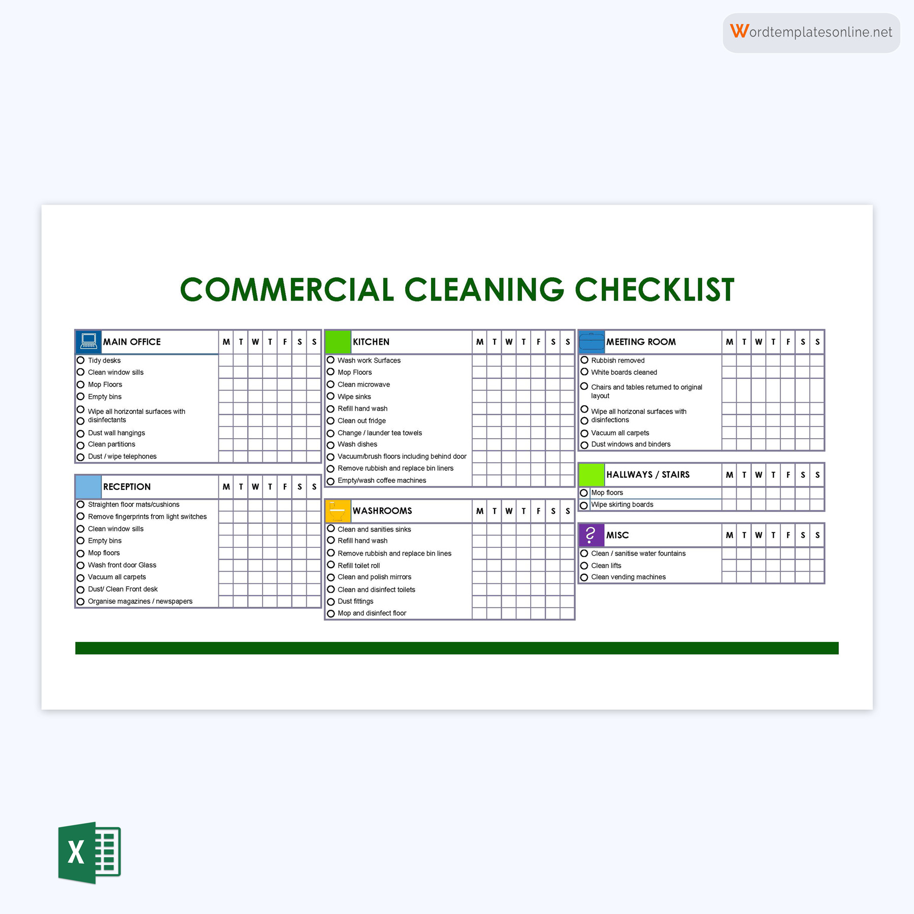 Editable Commercial Cleaning Checklist Template in Excel