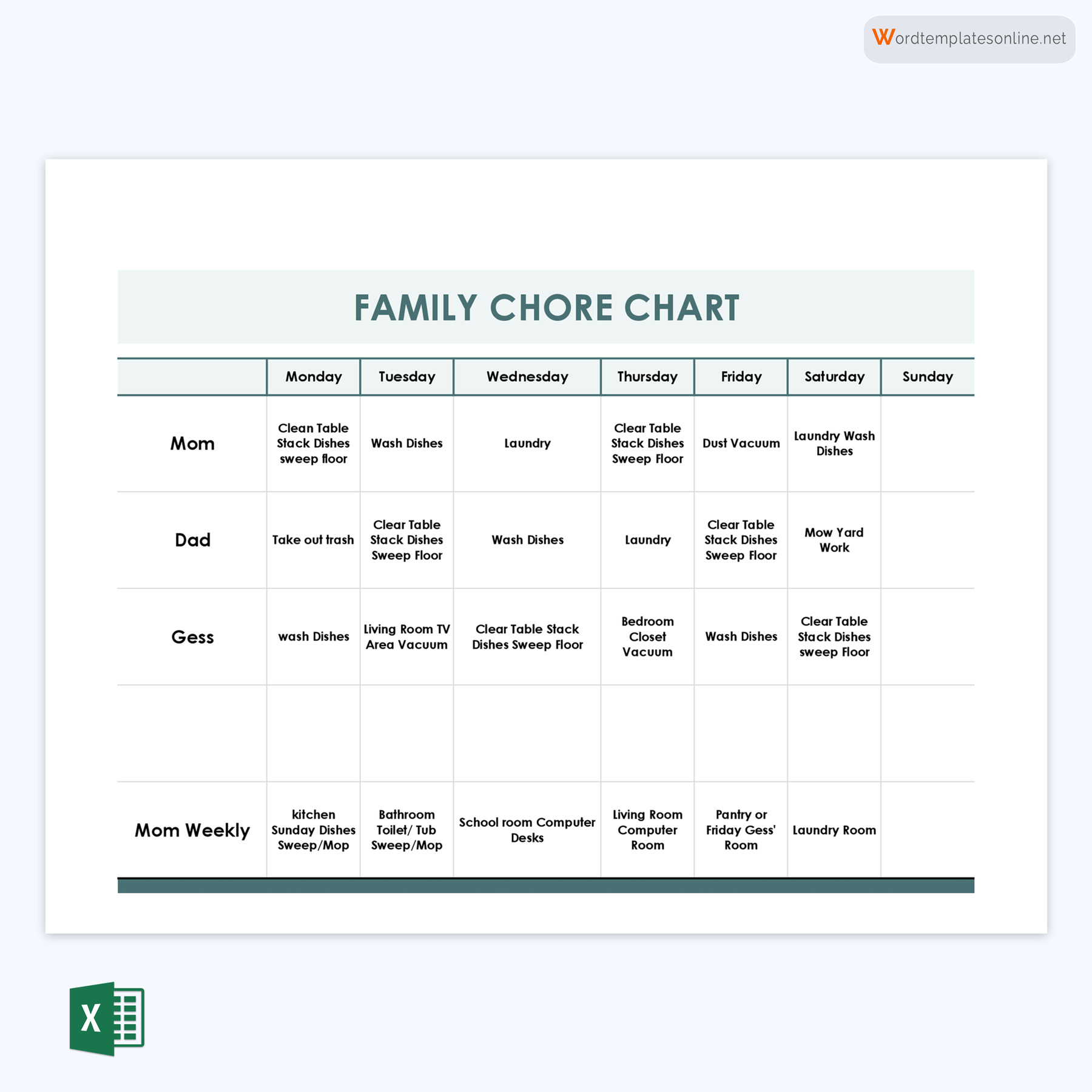 Printable Family Chore Chart Format Sample