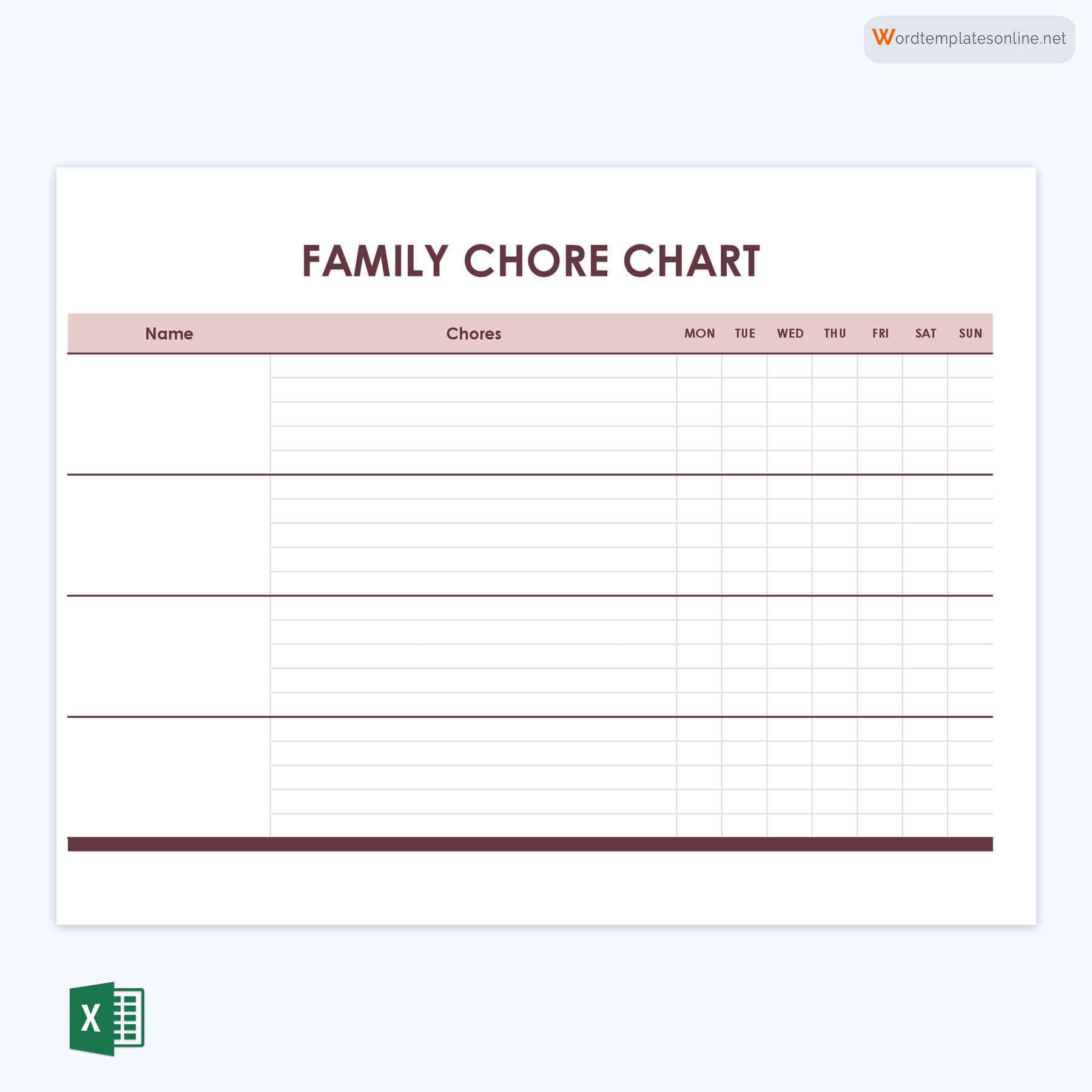 Editable Family Chore Chart Template in Excel