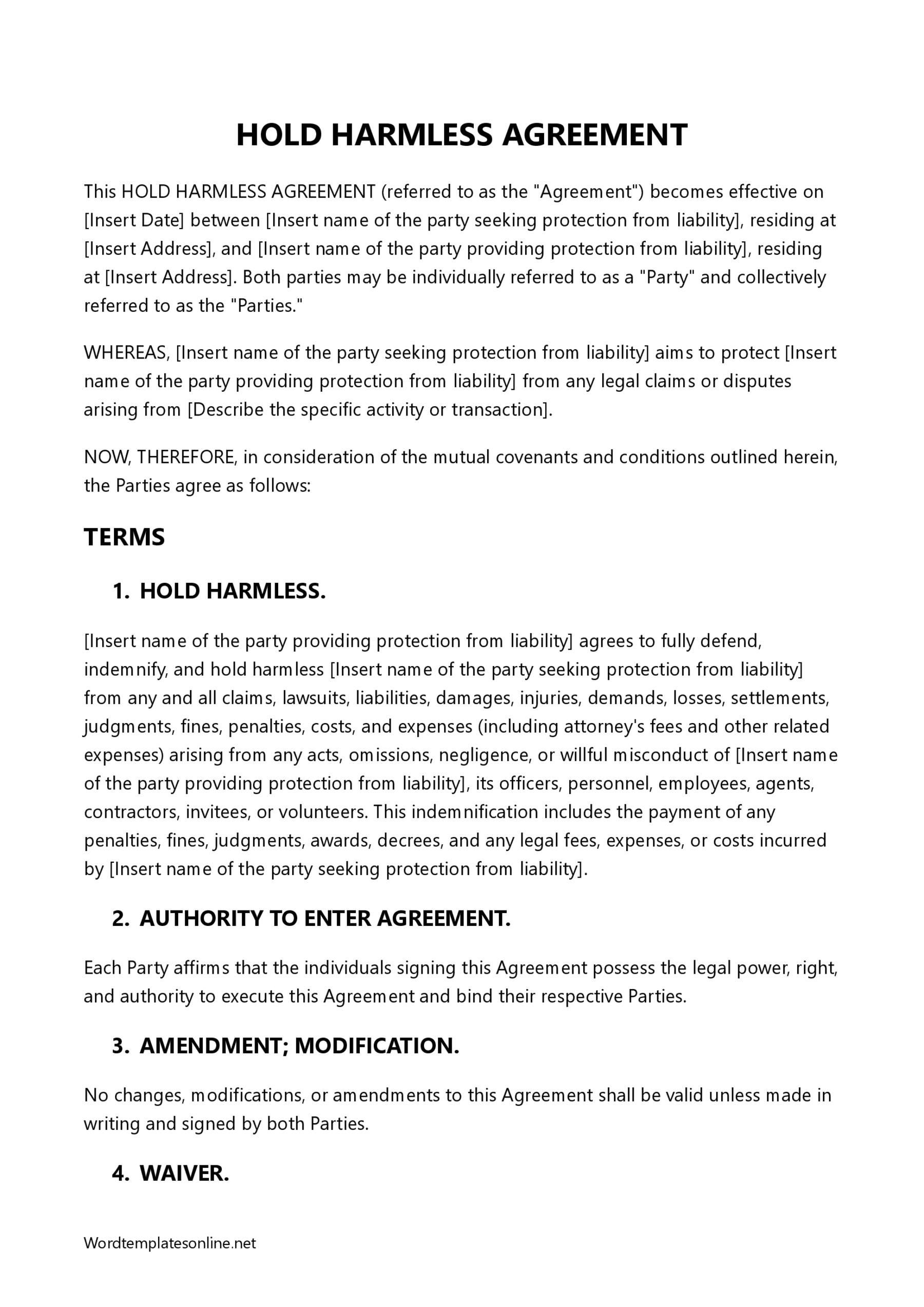 Printable Hold Harmless Agreement Format Sample