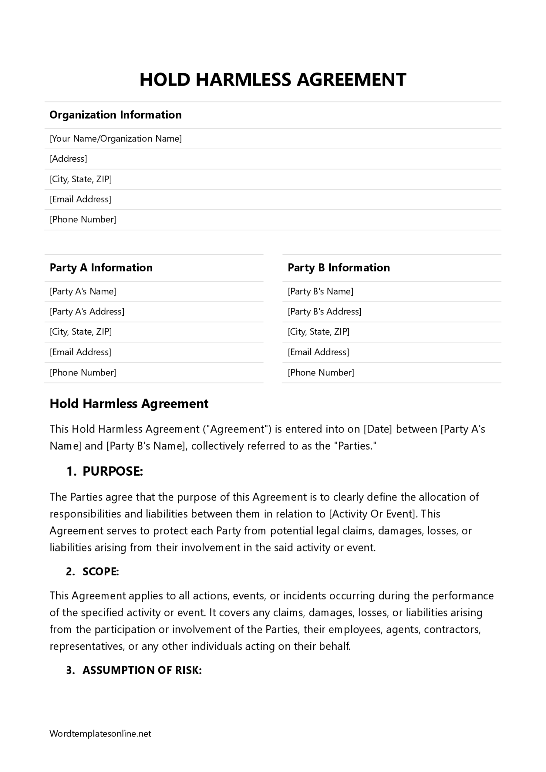 Editable Hold Harmless Agreement Template in Word
