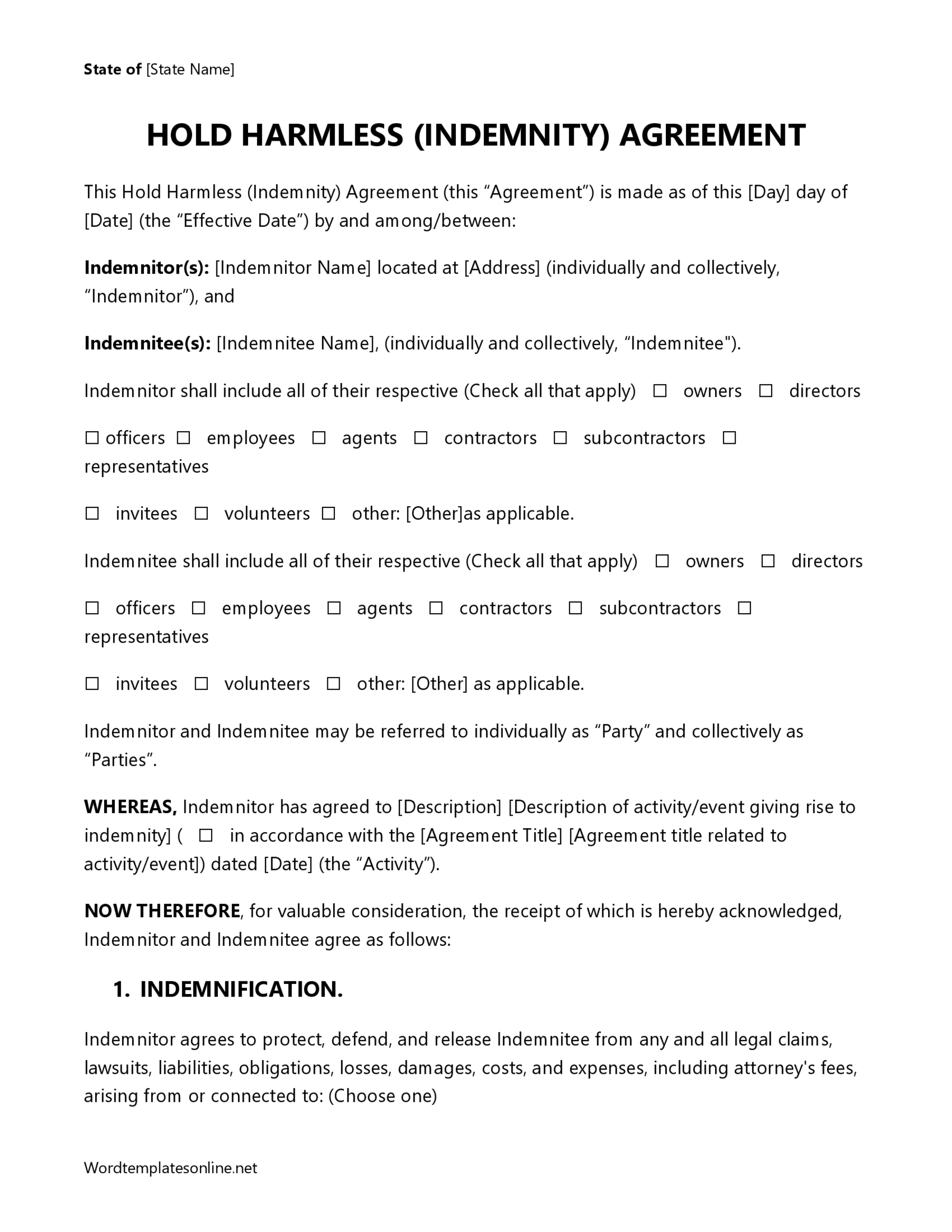 Sample Hold Harmless Agreement Format