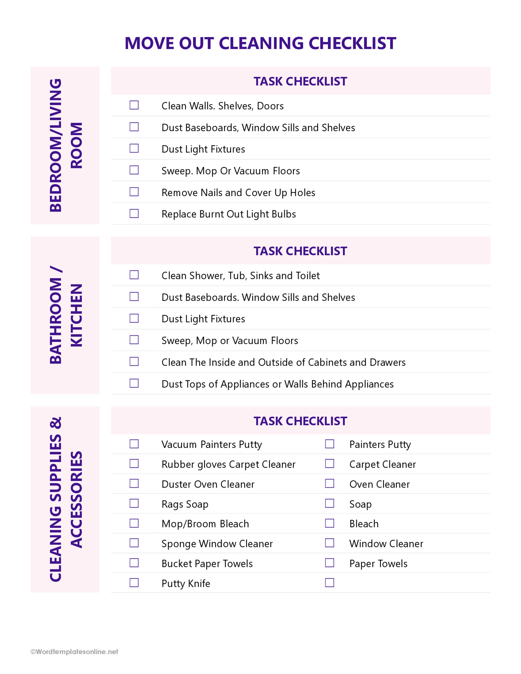 Printable Move Out Cleaning Checklist Format Sample