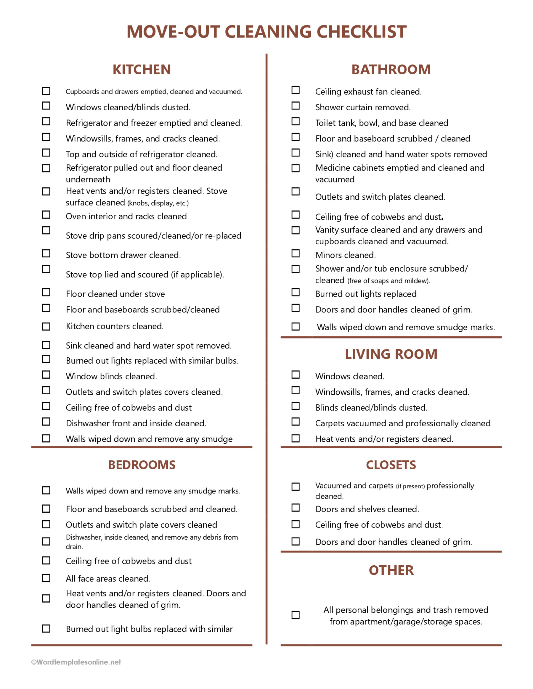 Sample Move Out Cleaning Checklist Format