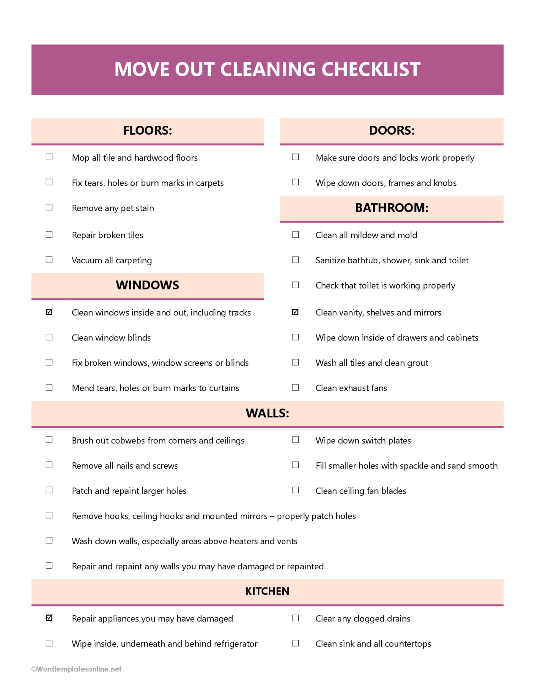 Printable Move Out Cleaning Checklist Example