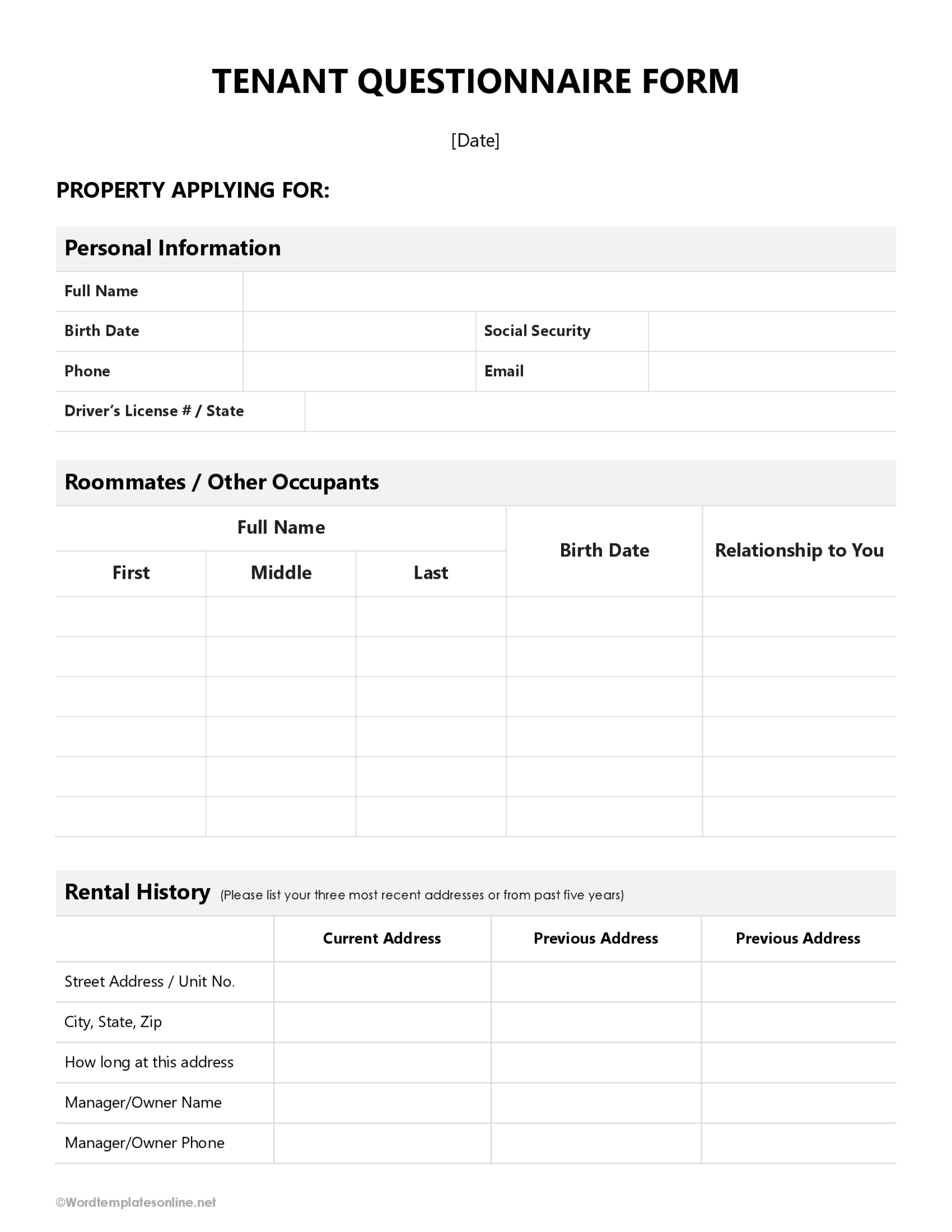 Free Tenant Questionnaire Form Template Example
