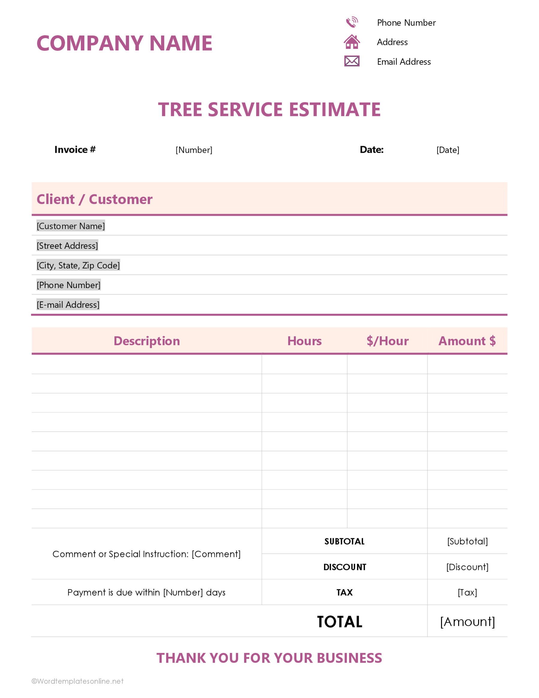 Printable Tree Service Estimate Format Sample