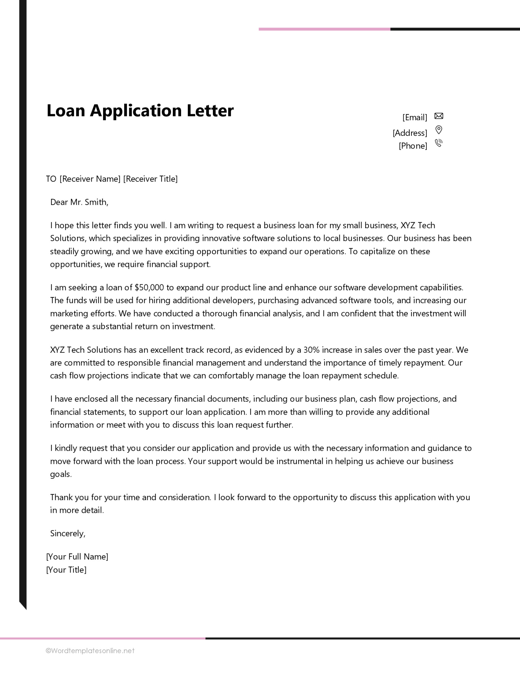 Free Loan Application Letter Template Example