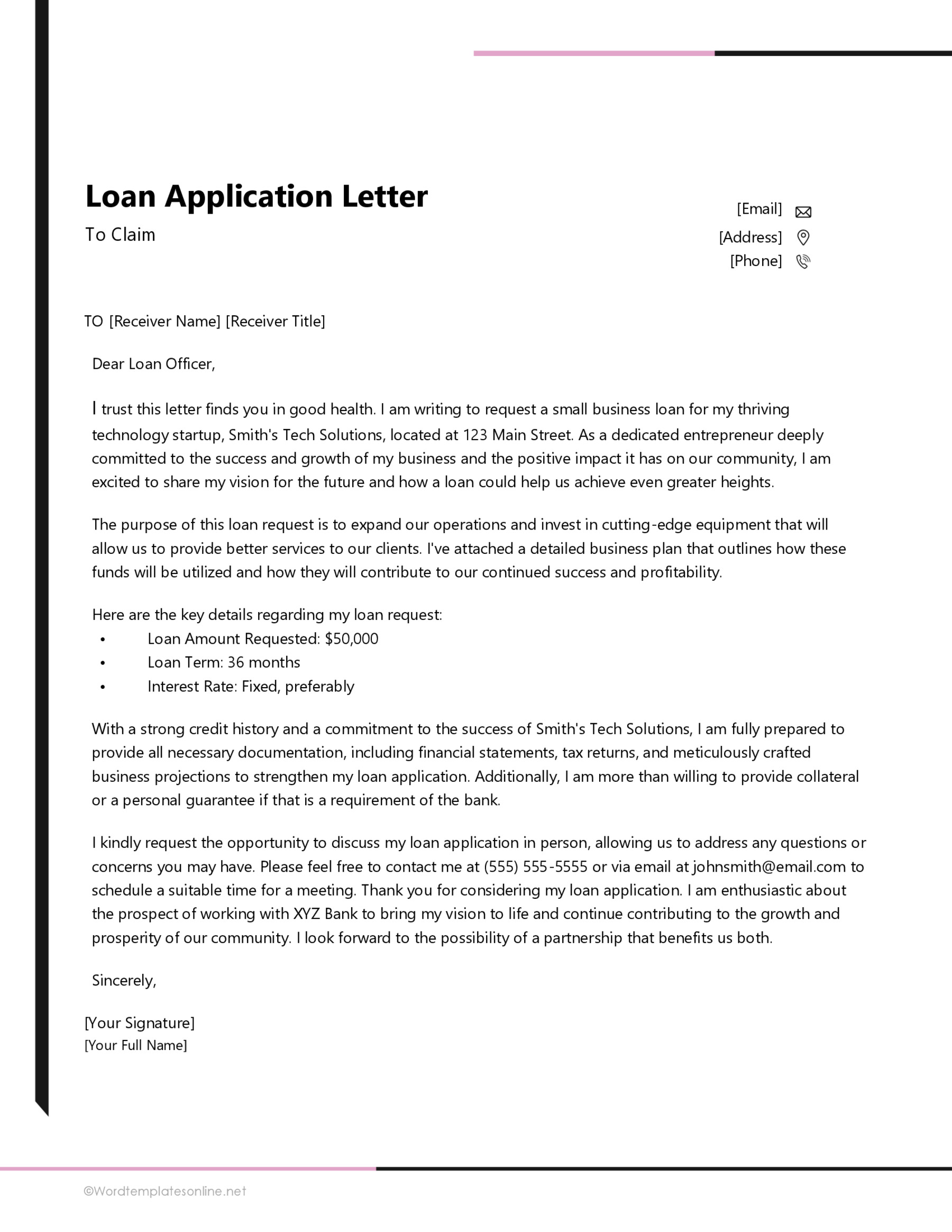 Loan Application Letter in Word Format