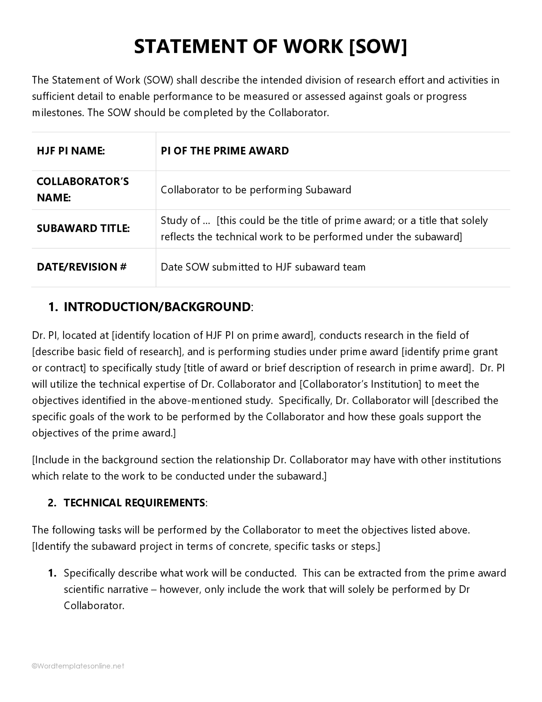 Statement of Work Template Word Format