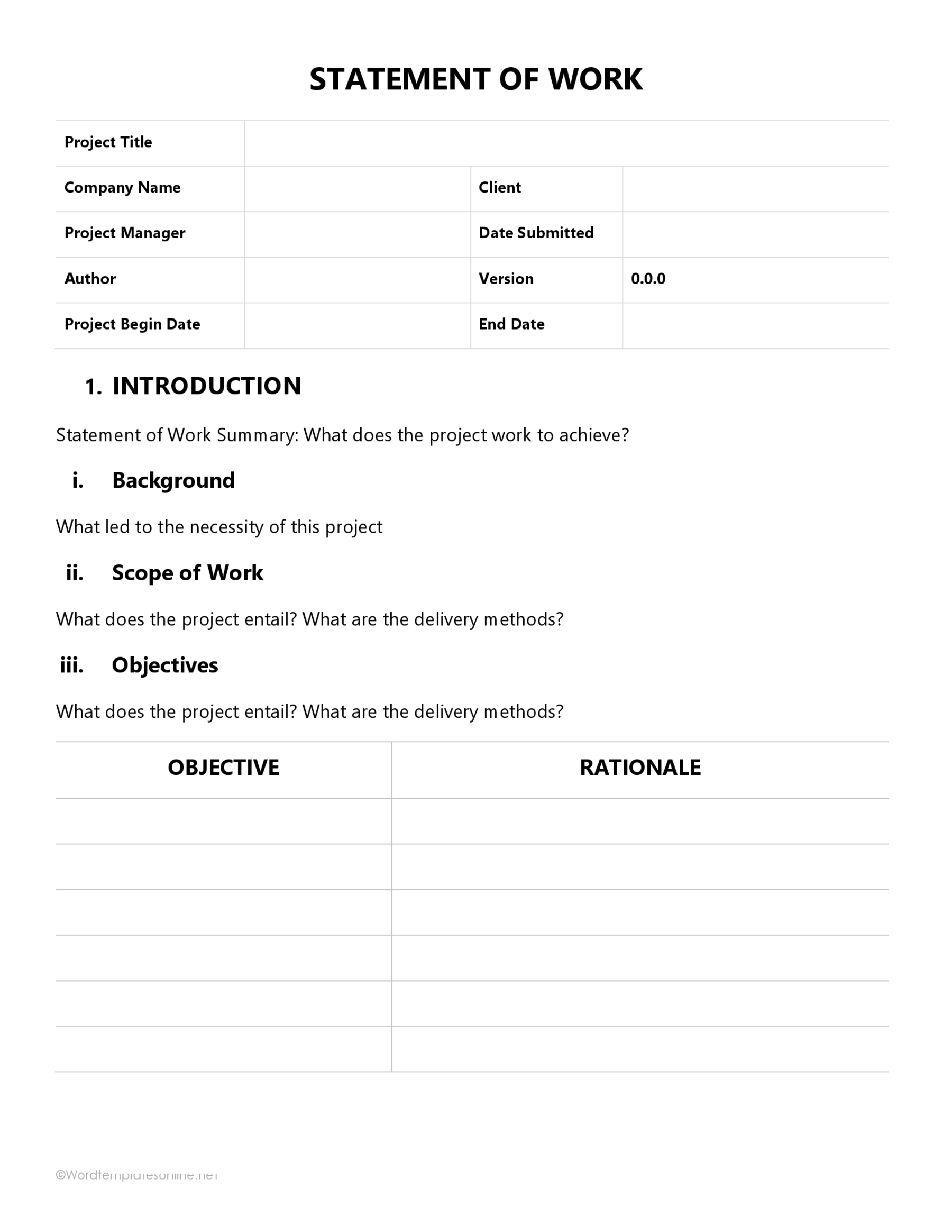 Free Customizable Company Statement of Work Template 02 for Word Document