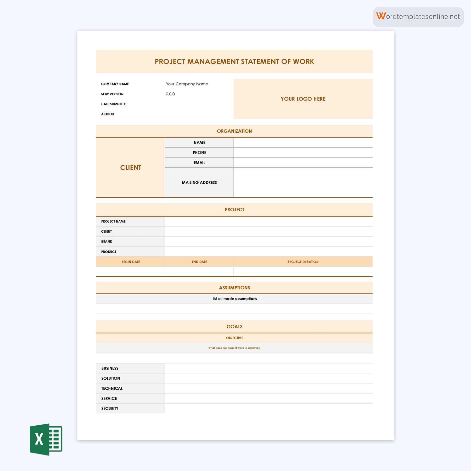 Professional Downloadable Project Management Statement of Work Template as Word File