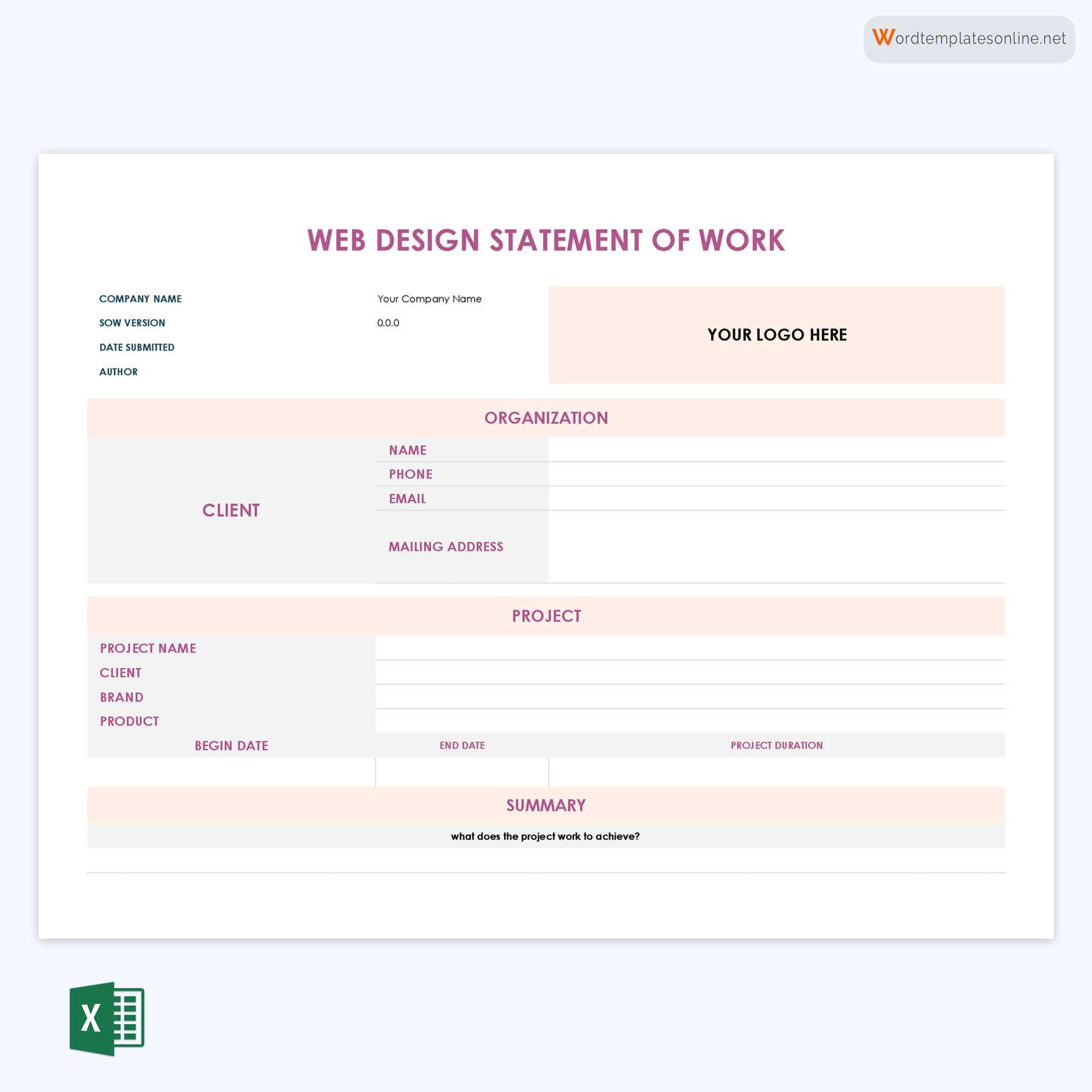 Professional Downloadable Web Design Statement of Work Template as Word File