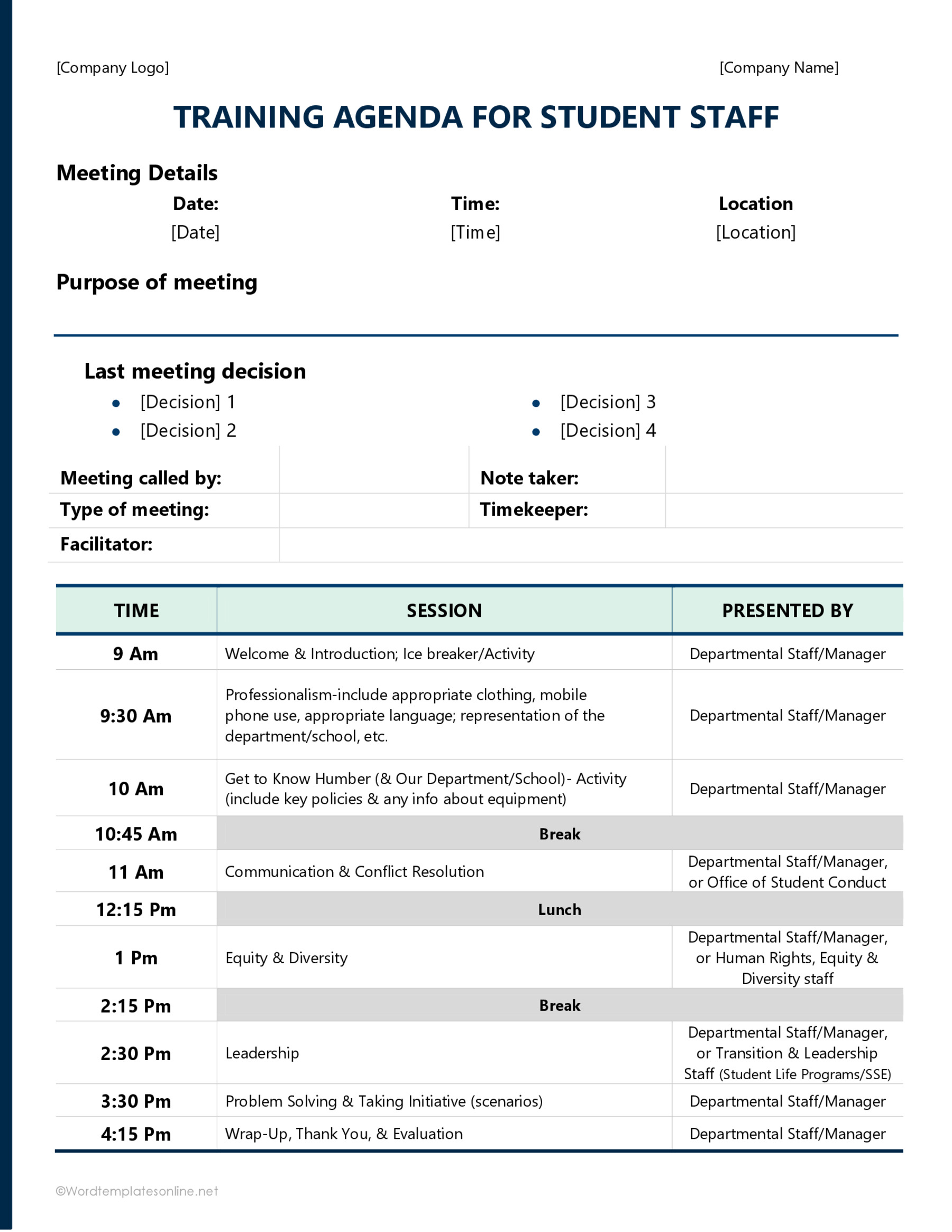 Training Agenda Template for Free