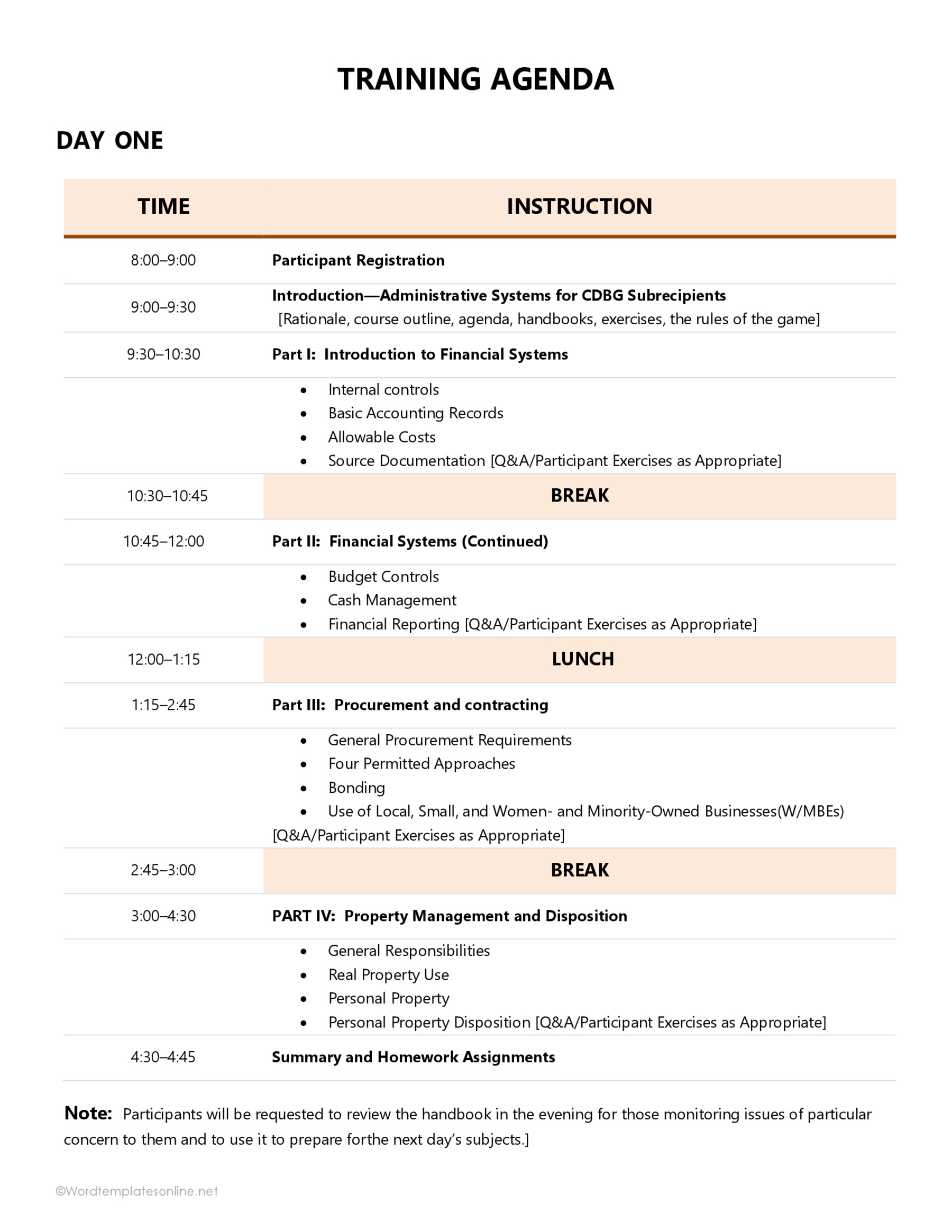 Comprehensive Daily Training Agenda Template as Word Format