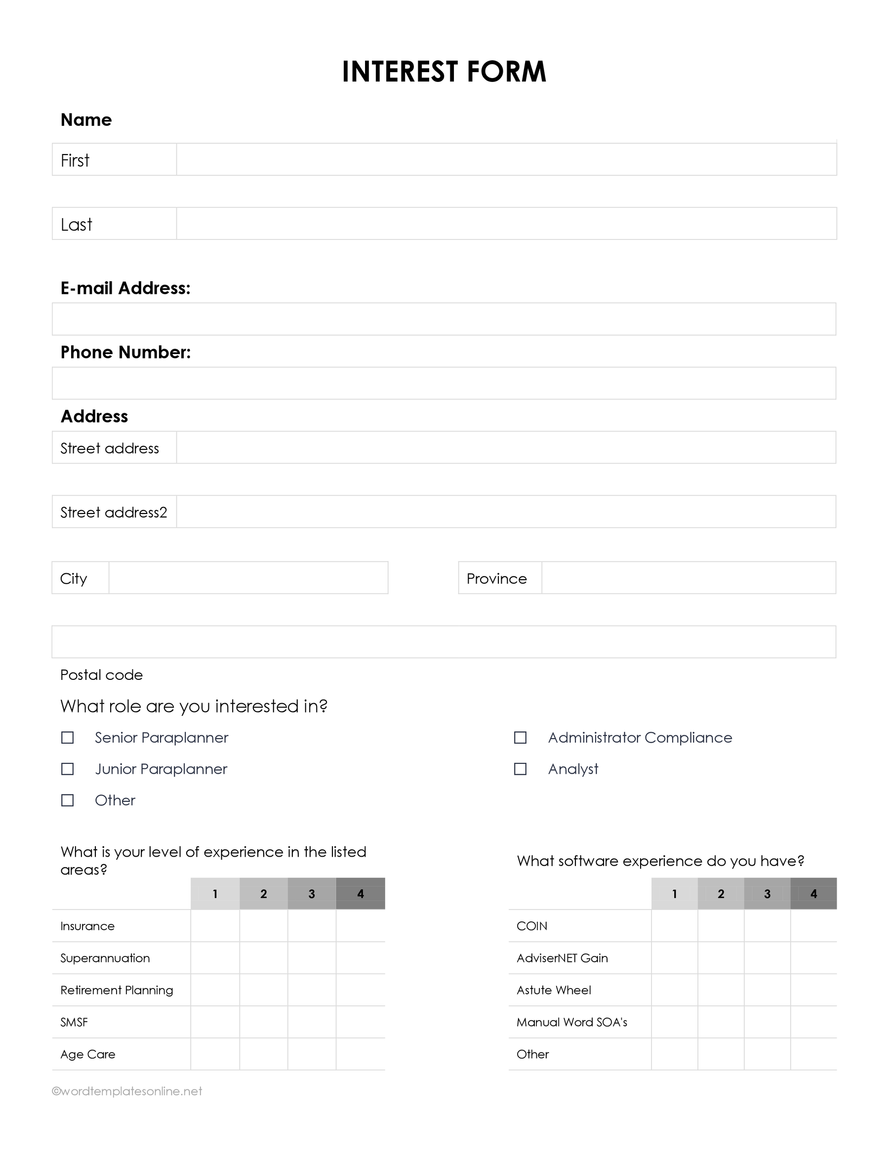 Job Role Interest Form Template download in ms word 03