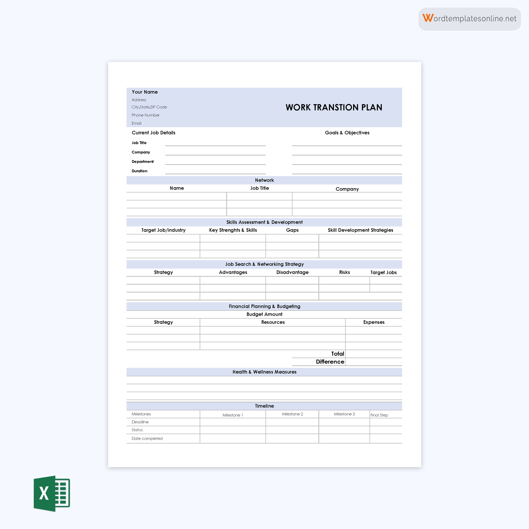 Work Transition Plan Template Free Download in Ms Excel