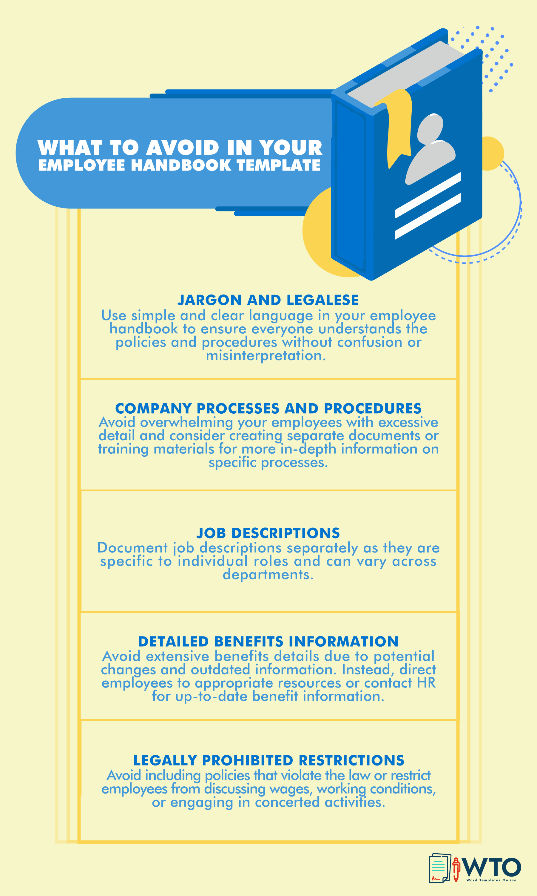 This infographic is about what not to ad in an employee handbook.