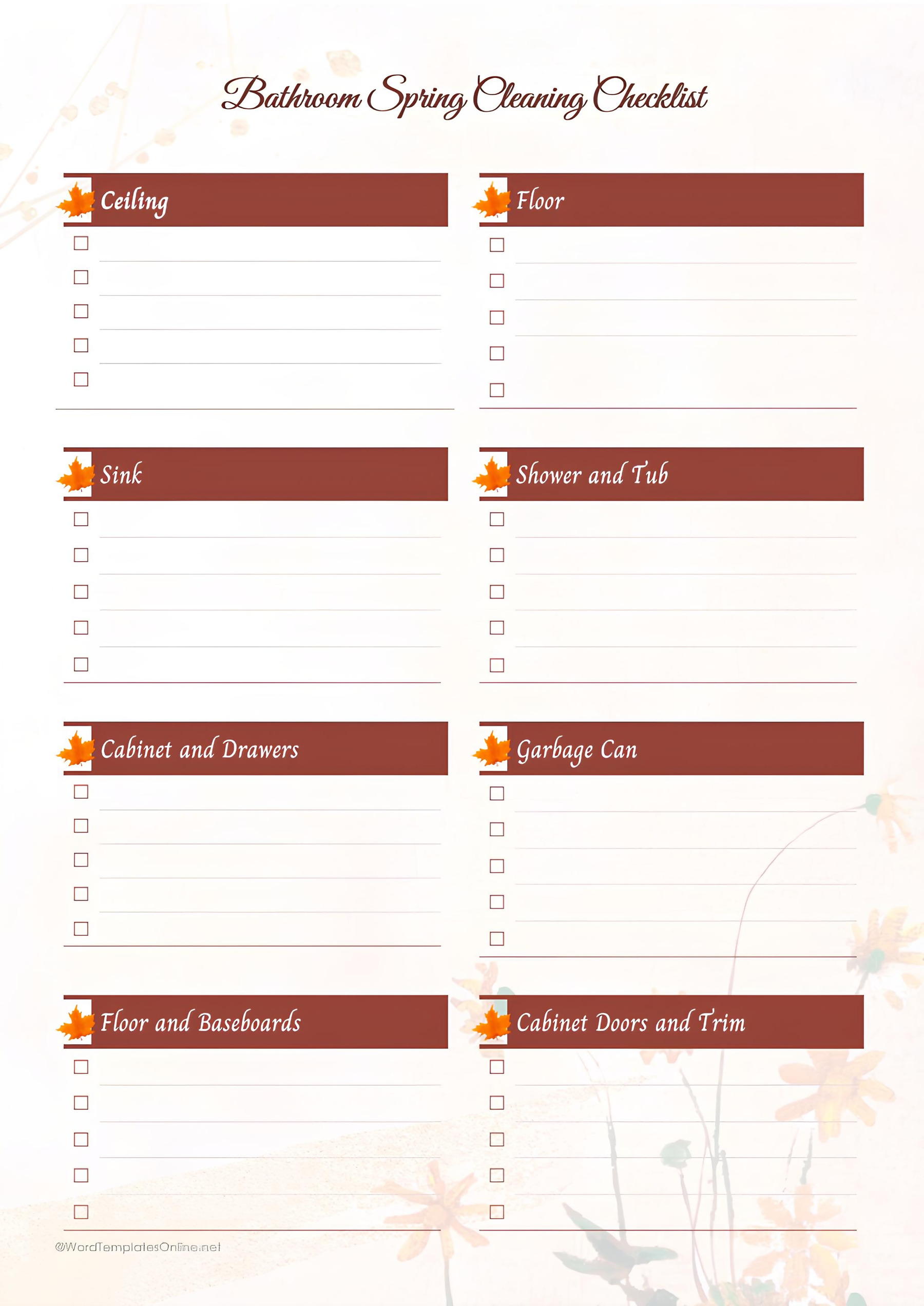 Downloadable Spring Bathroom Cleaning Checklist template in MS Word format