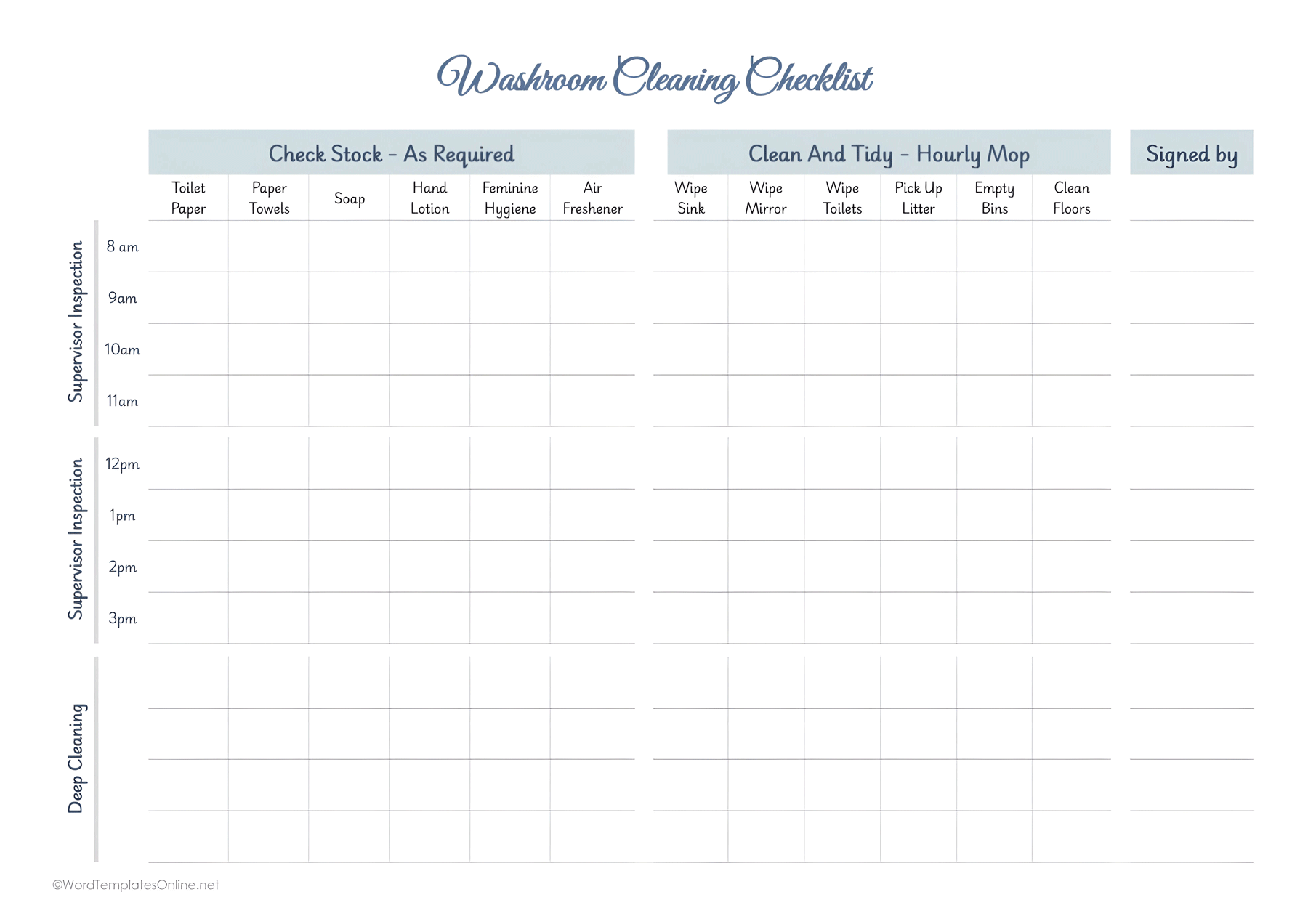 Printable MS Word template for a detailed bathroom cleaning checklist download 
