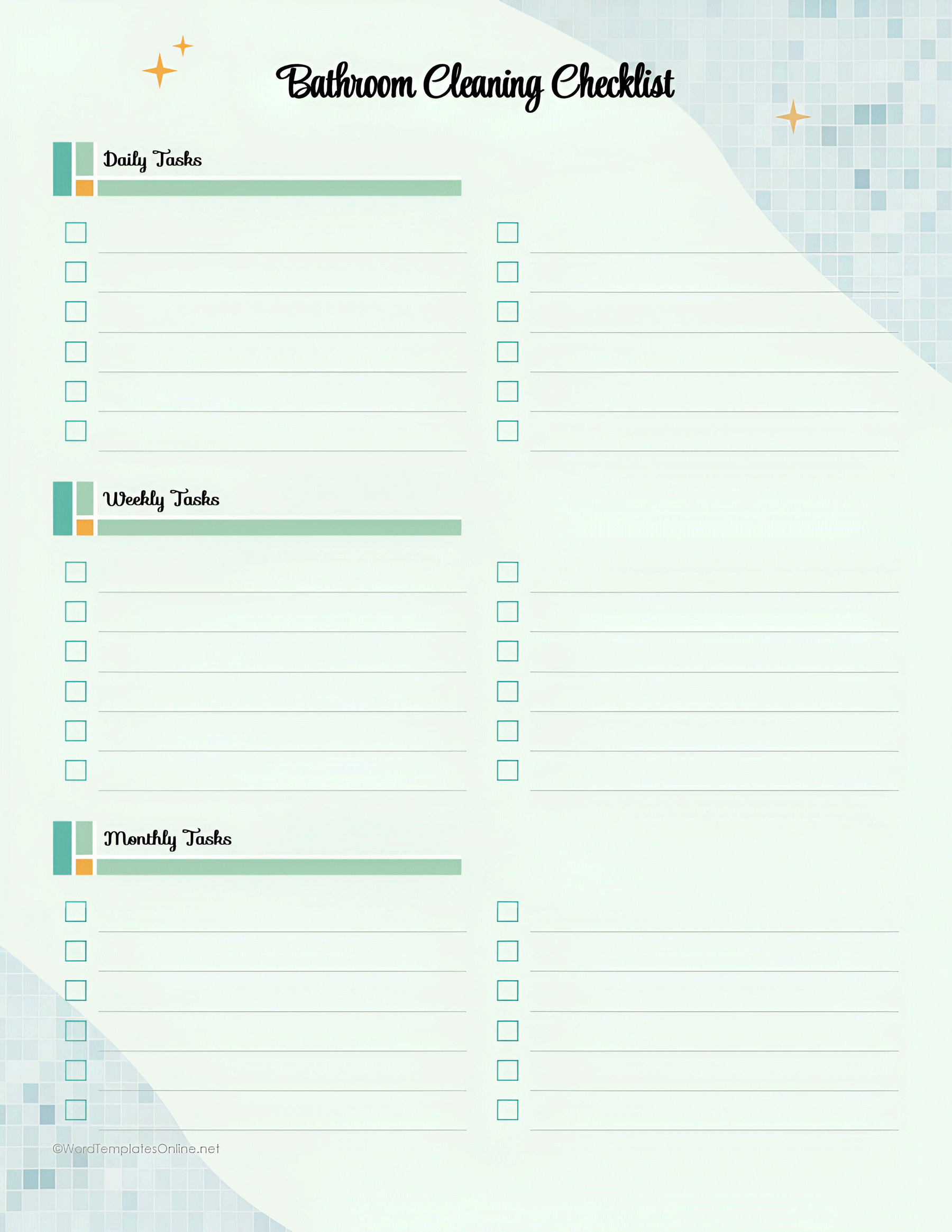Bathroom Cleaning Checklist Template with sections for daily, weekly, and deep cleaning