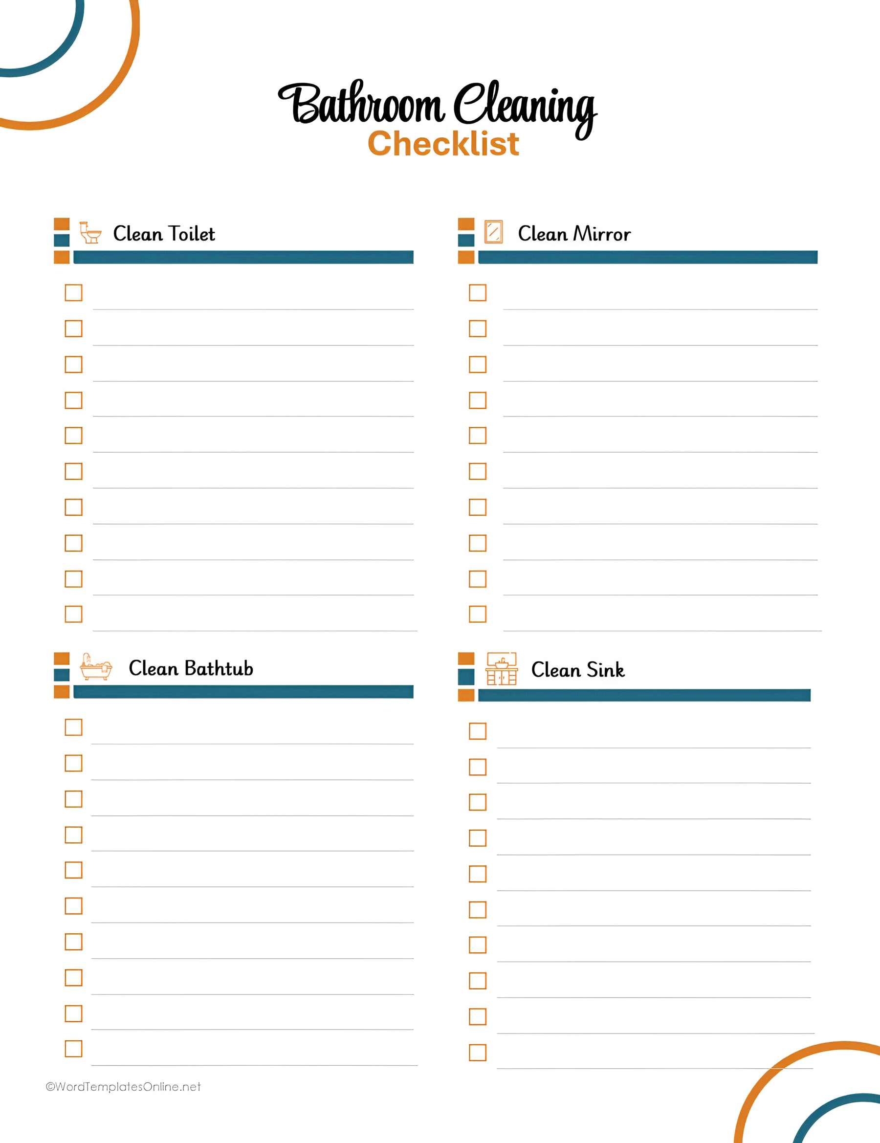 user-friendly Bathroom Cleaning Checklist Template in Word document format