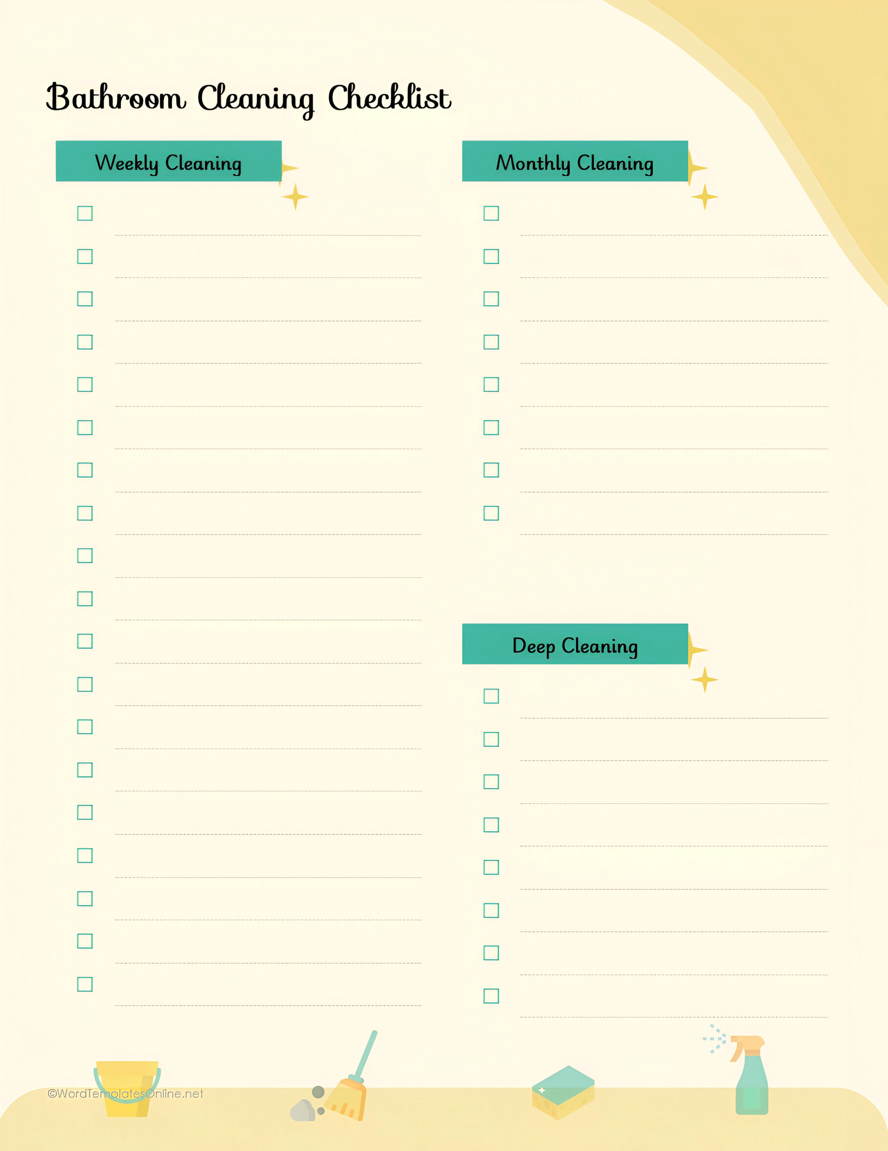 MS Word Bathroom Cleaning Checklist Template with clear task categories and checkboxes