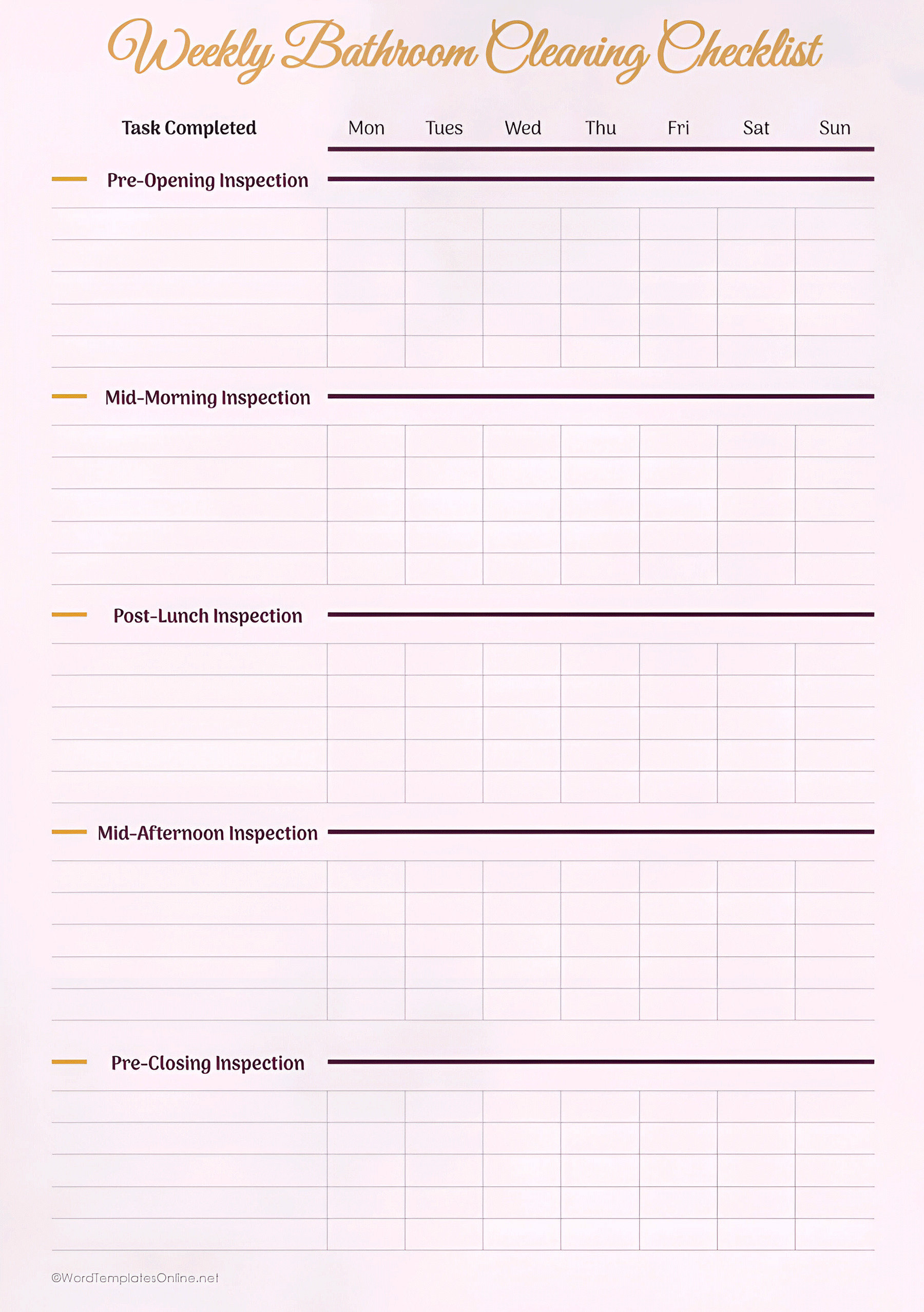 Downloadable Professional MS Word template for tracking weekly bathroom cleaning routines
