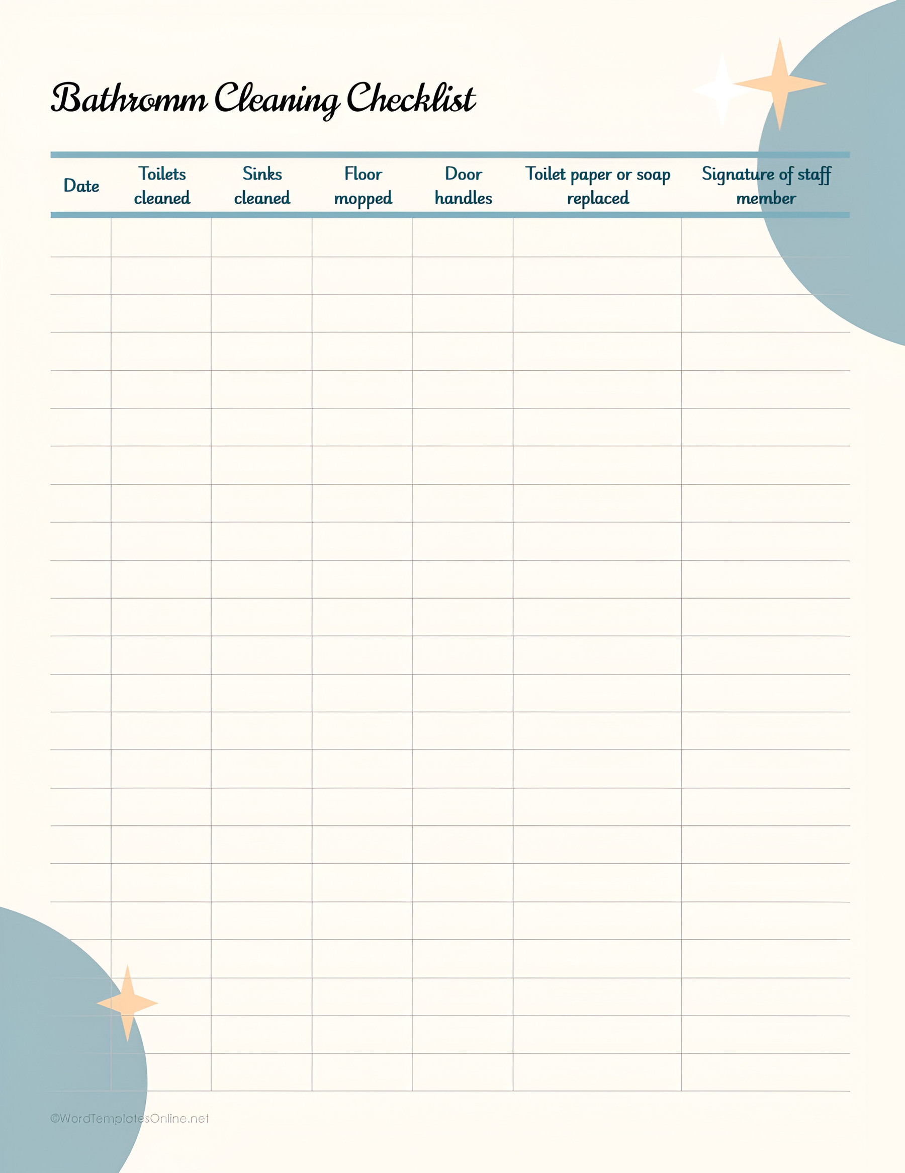 Bathroom Cleaning Checklist Template to help plan cleaning chores in Word and Google Docs