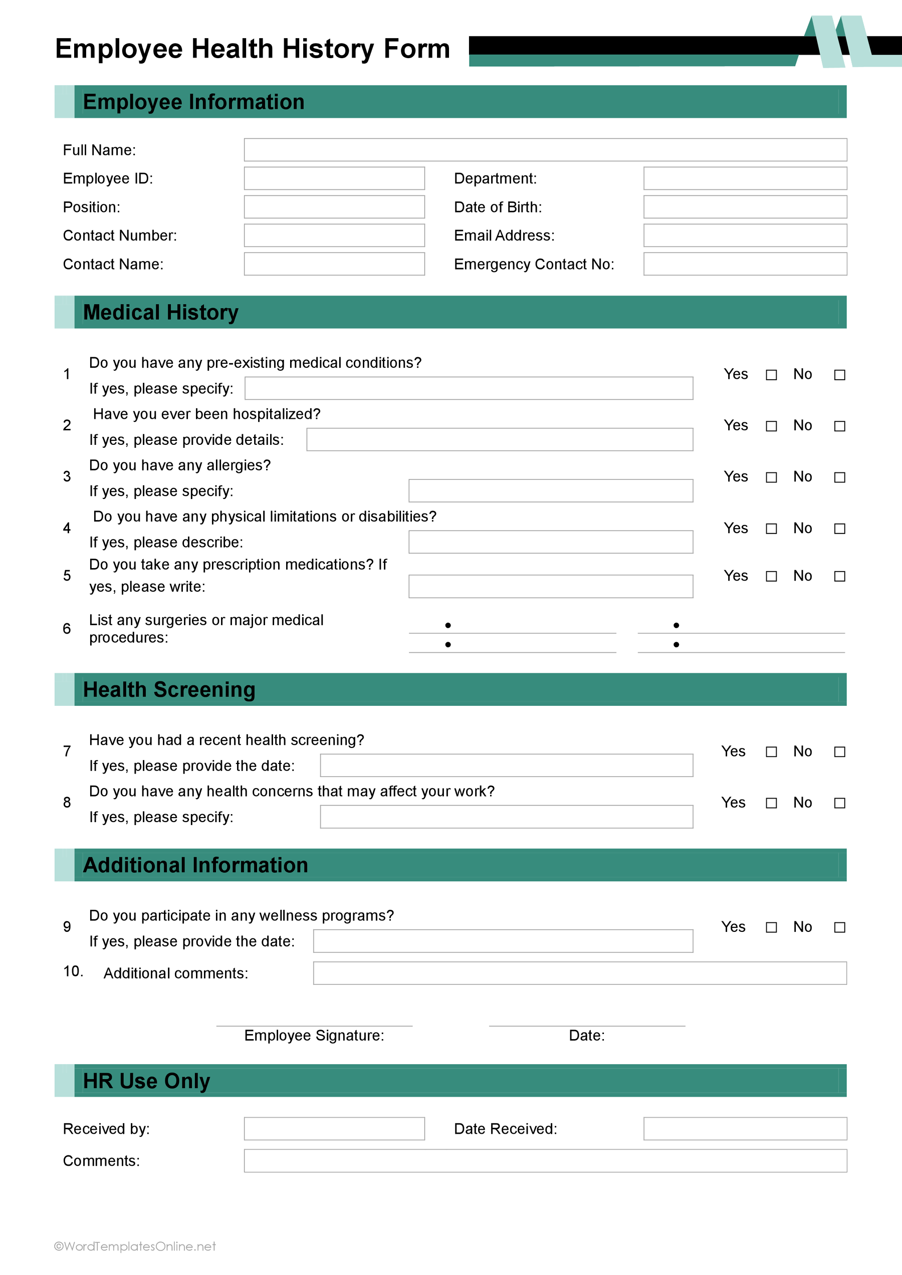 Downloadable employee health history form template in G doc